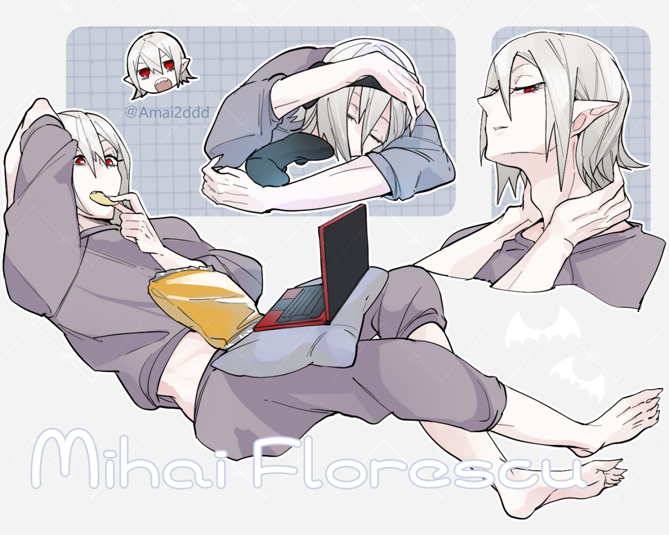 dabu (dabuchan), mihai florescu, kemono jihen, 1boy, barefoot, character name, computer, eating, feet, full body, laptop, male focus, multiple views, pointy ears, red eyes, solo, vampire