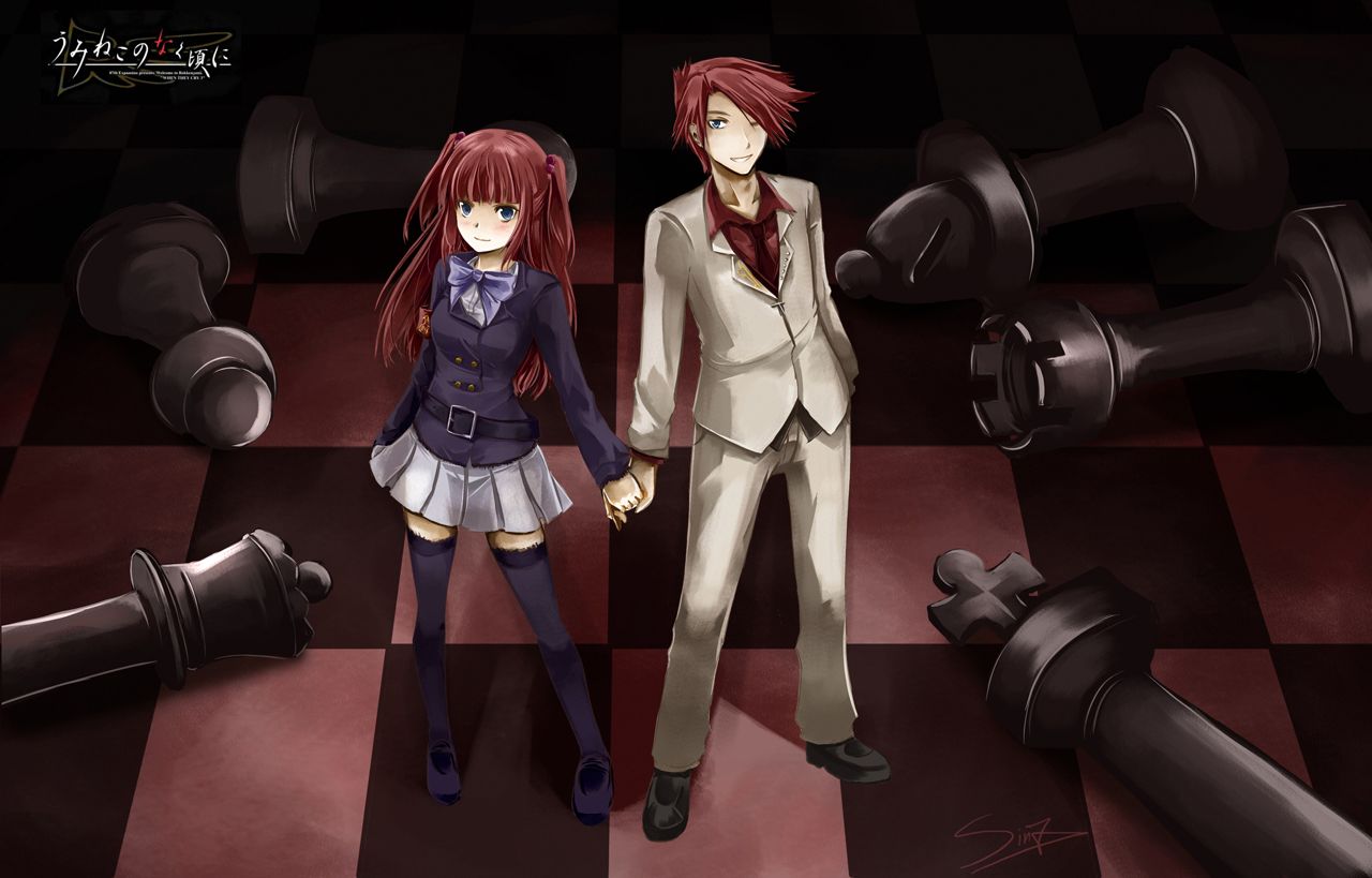 sinzire, ushiromiya ange, ushiromiya battler, umineko no naku koro ni, 00s, 1boy, 1girl, armband, blue eyes, blush, board game, brother and sister, checkered floor, chess, chessboard, hair bobbles, hair ornament, hair over one eye, hetero, holding hands, jacket, legs, necktie, perspective, red hair, siblings, skirt, thighhighs, twintails