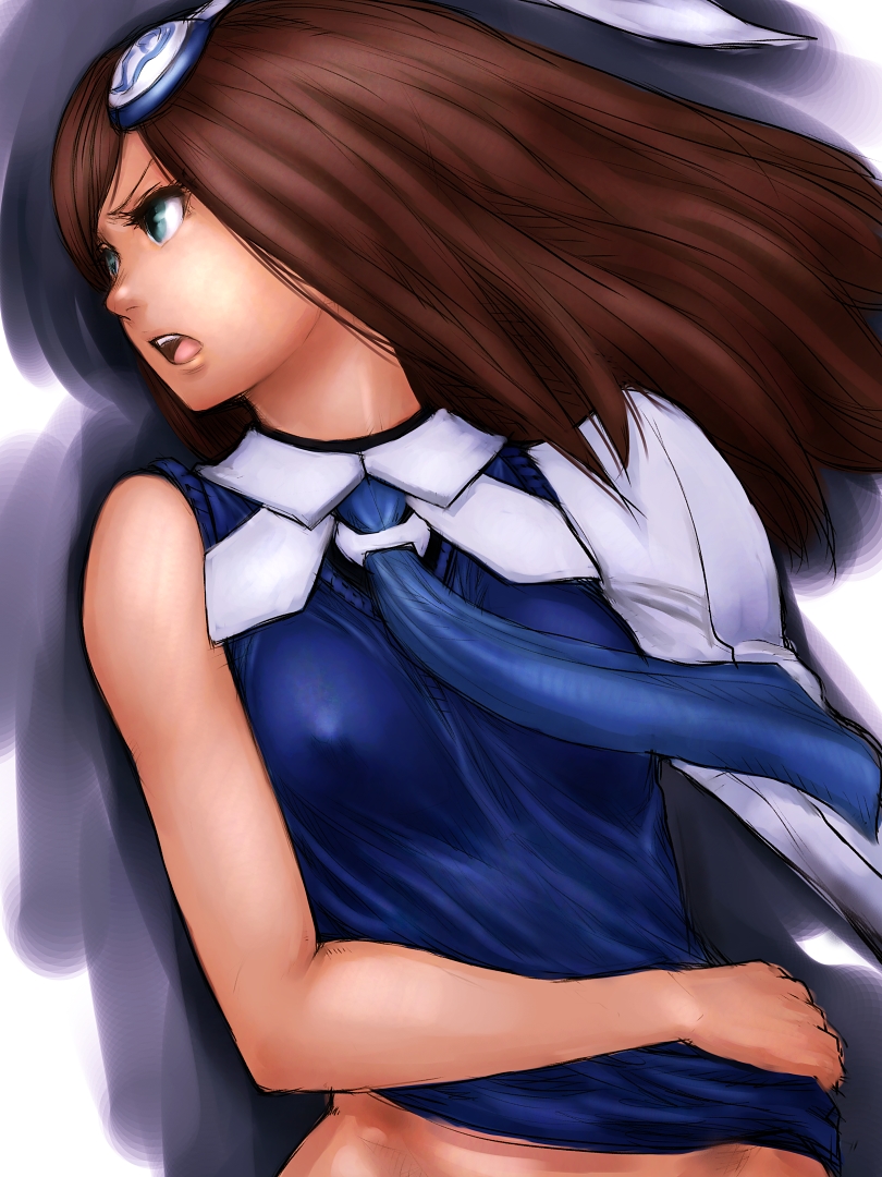 fumio (rsqkr), lumia waber, phantasy star, phantasy star portable 2, 1girl, aqua eyes, breasts, brown hair, covered erect nipples, female focus, long hair, necktie, sleeveless, small breasts, solo