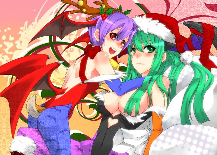 maru kyuu, lilith (darkstalkers), morrigan aensland, capcom, darkstalkers, print legwear, bad id, bad pixiv id, 2girls, animal print, ass, bat print, bat wings, blush, breast slip, breasts, censored, christmas, convenient censoring, demon girl, flat chest, green eyes, green hair, hair over breasts, head wings, large breasts, leotard, long hair, multiple girls, one breast out, pantyhose, purple hair, red eyes, red leotard, ribbon, short hair, tail, very long hair, wings