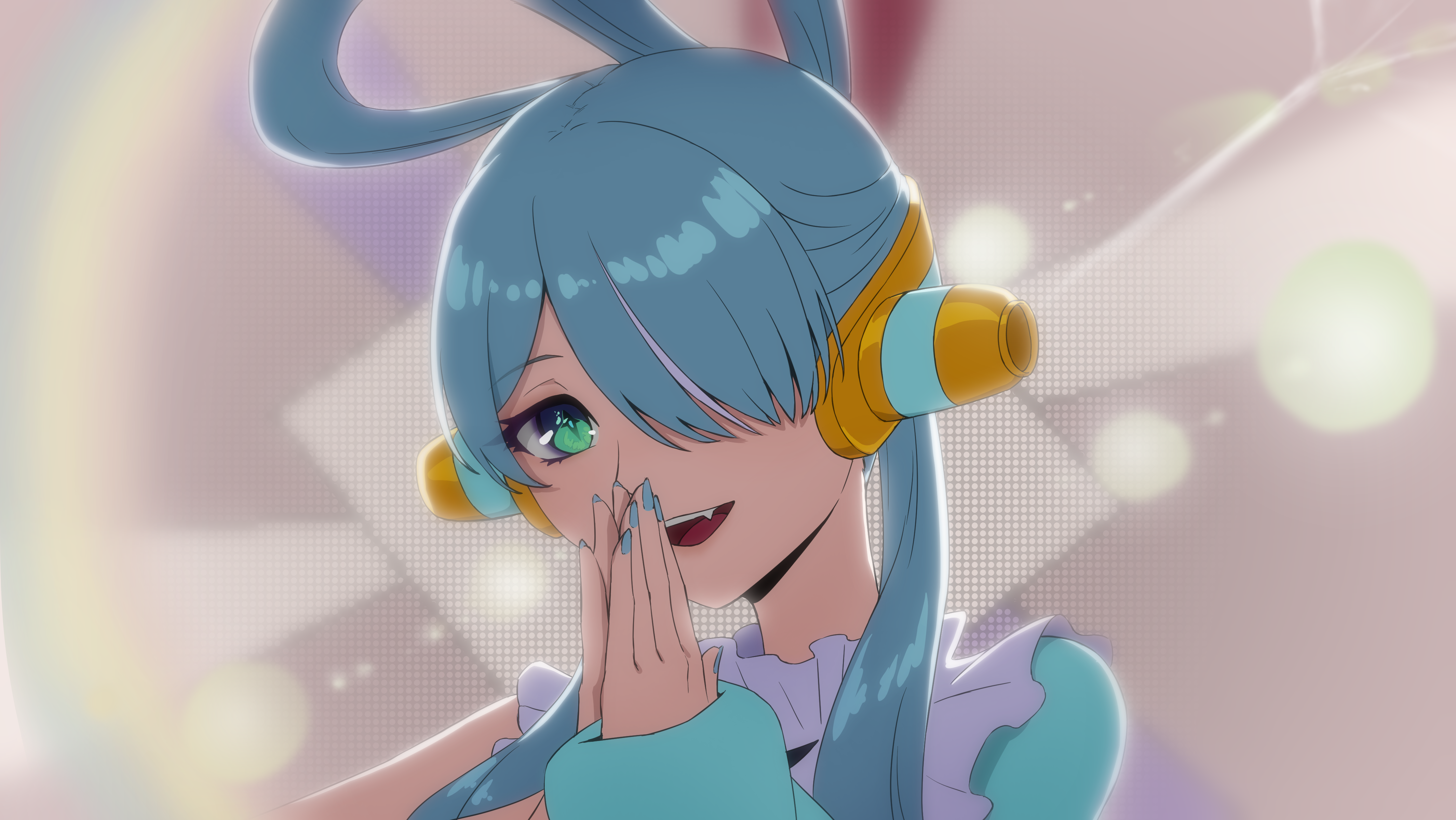 daydarion, elira pendora, nijisanji, nijisanji en, absurdres, commentary, english commentary, highres, 1girl, alternate costume, blue eyes, blue hair, blue shirt, fangs, hair over one eye, long hair, looking at viewer, shirt, solo, twintails, virtual youtuber