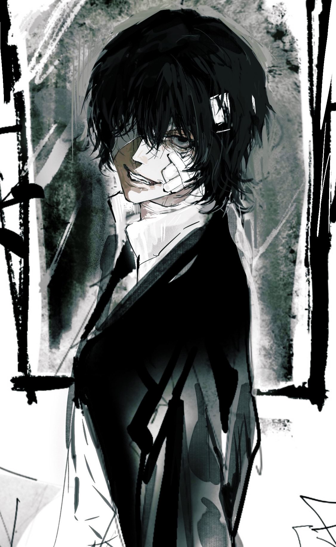 dazai osamu (bungou stray dogs), bungou stray dogs, commentary, highres, 1boy, bandage on neck, bandage over one eye, black hair, collared shirt, evil smile, gauze on knee, looking at viewer, male focus, one eye covered, shirt, short hair, smile, solo, teeth, upper body, white shirt, xnmf10