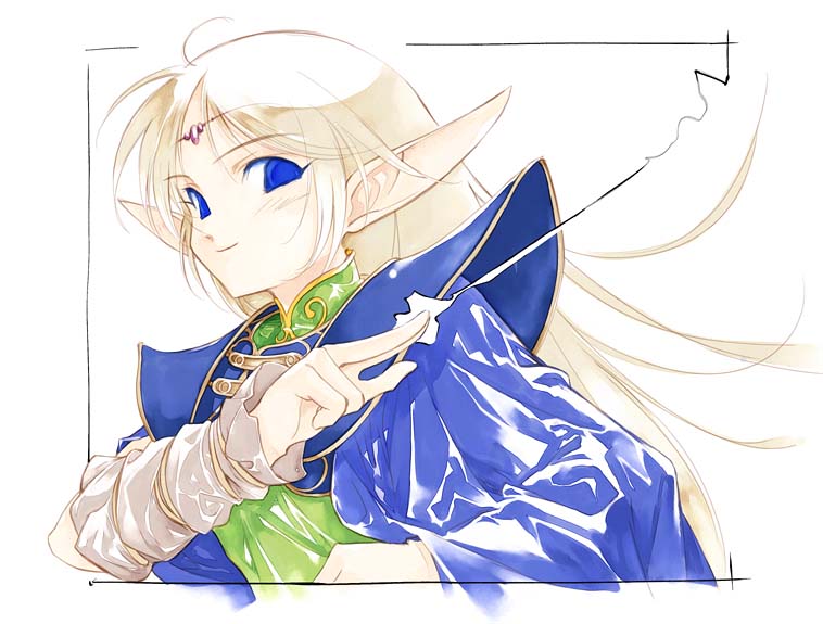 sumi keiichi, deedlit, record of lodoss war, traditional media, 1girl, ahoge, armor, blonde hair, blouse, blue eyes, cape, circlet, elf, female focus, green shirt, long hair, pointy ears, portrait, shirt, simple background, smile, solo, white background