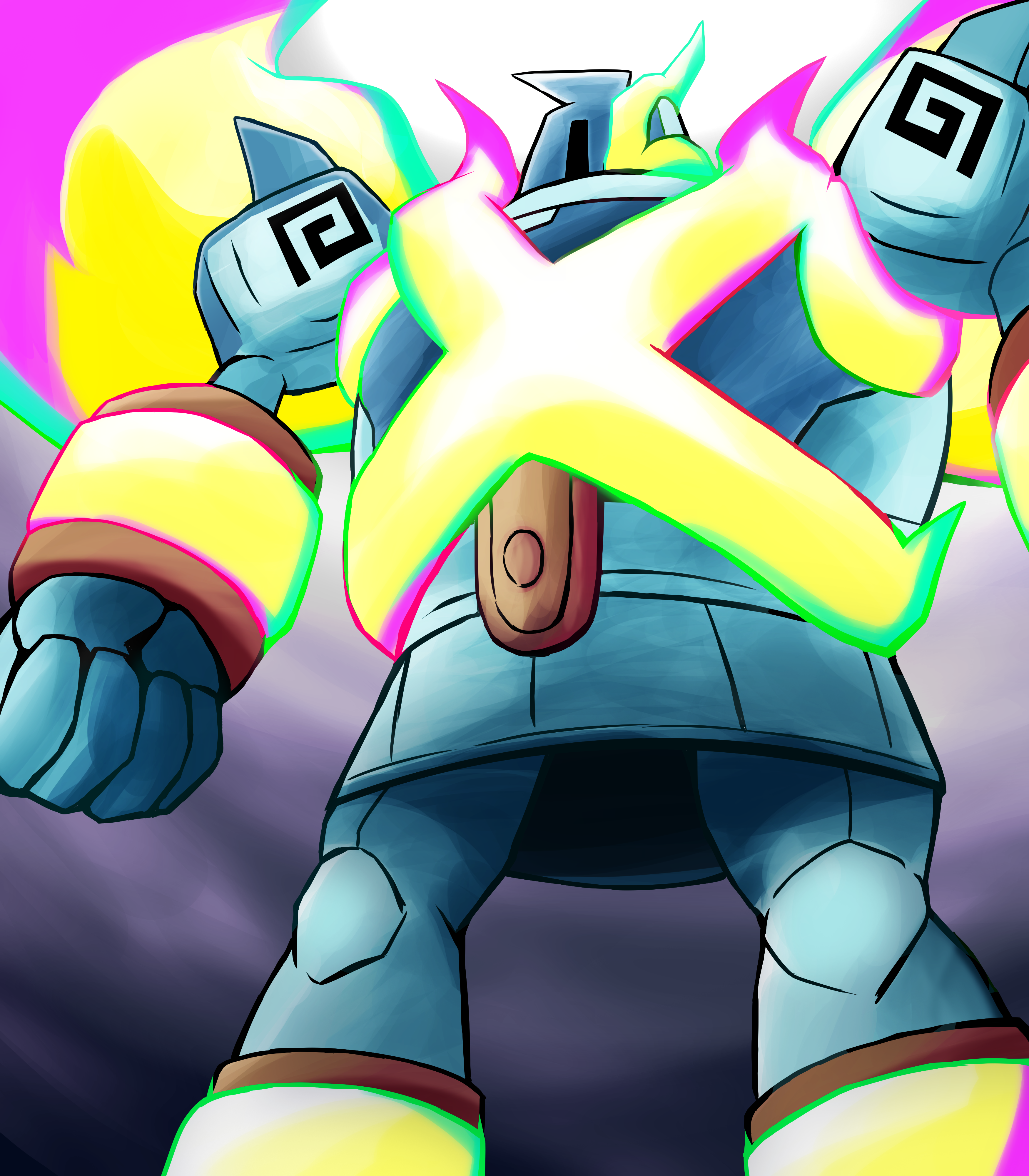 anttitanic, golurk, mega golurk, nintendo, pokemon, absurdres, commentary request, highres, clenched hand, from below, gen 5 pokemon, mega pokemon, no humans, pokemon (creature), pokemon focus, solo, standing