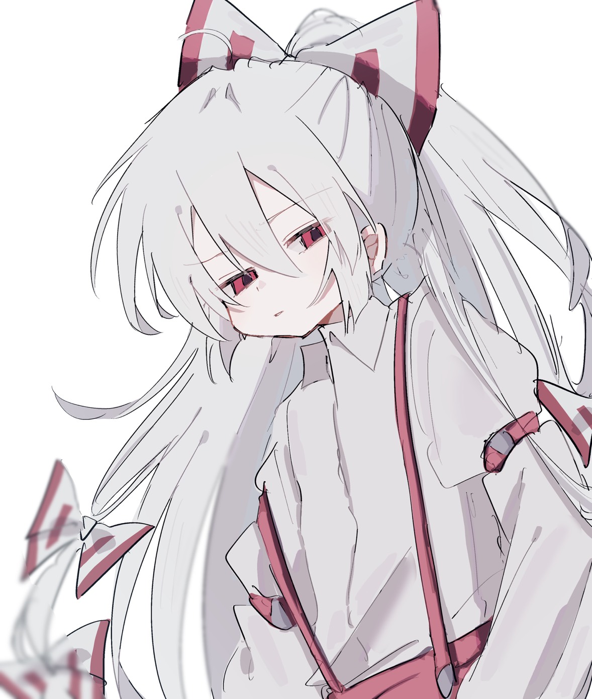 fujiwara no mokou, touhou, highres, 1girl, bow, collared shirt, hair between eyes, hair bow, hair ribbon, long hair, long sleeves, looking at viewer, maruten moko, pants, parted lips, ponytail, red eyes, red pants, ribbon, shirt, solo, upper body, very long hair, white background, white hair, white shirt