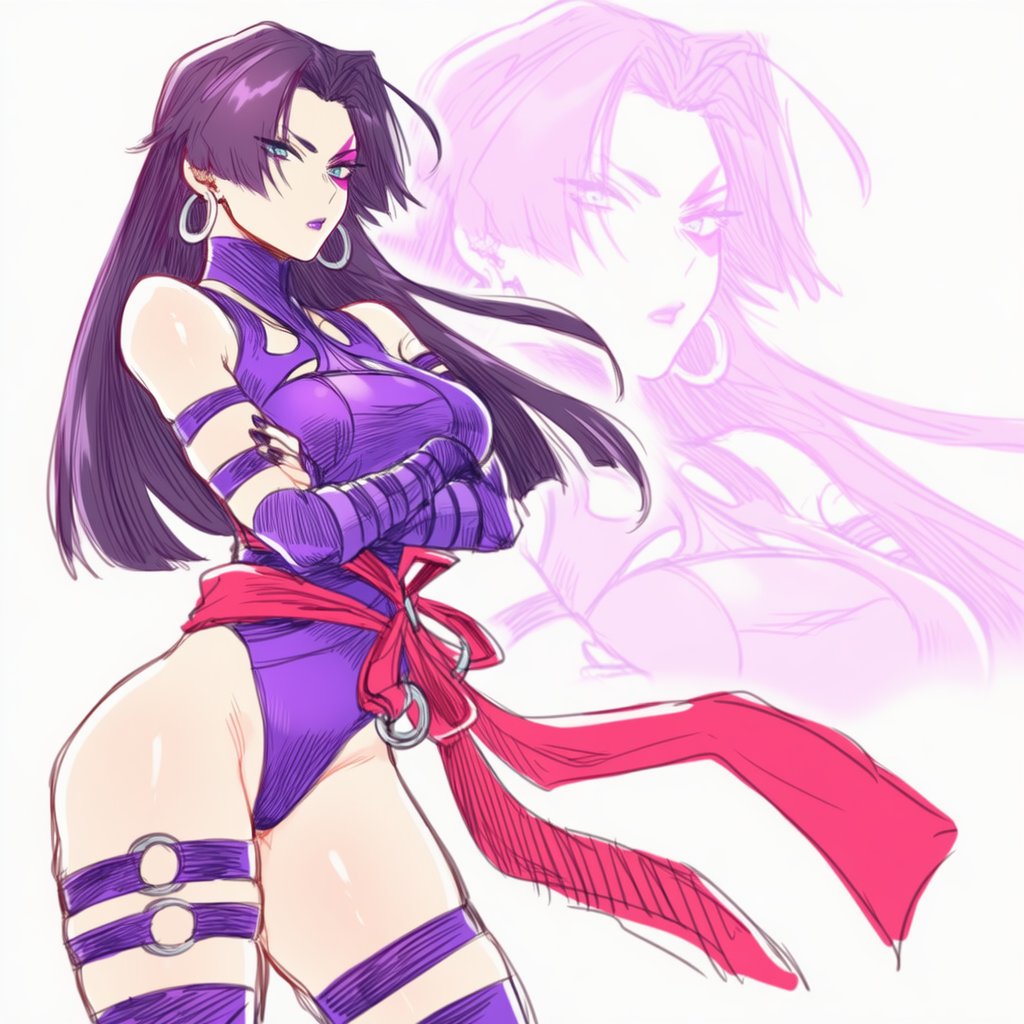 lapis slopzuli, psylocke, psylocke (vengeance), marvel, marvel rivals, x-men, commentary, english commentary, 1girl, ass, black hair, breasts, earrings, elbow gloves, gloves, highleg, highleg leotard, jewelry, large breasts, leotard, long hair, looking at viewer, purple leotard, sash, solo, superhero costume, thighhighs