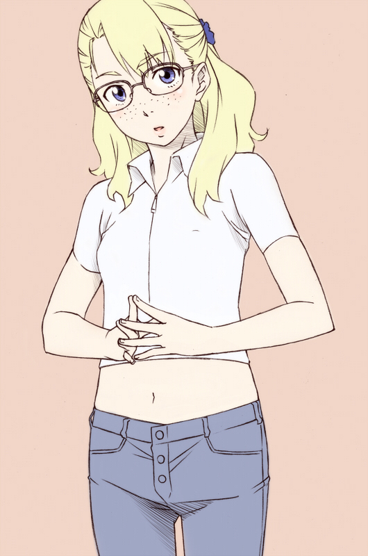 sawa jaaji, original, 1girl, blonde hair, blue eyes, denim, female focus, flat color, freckles, glasses, jeans, midriff, navel, pants, ponytail, simple background, solo, steepled fingers