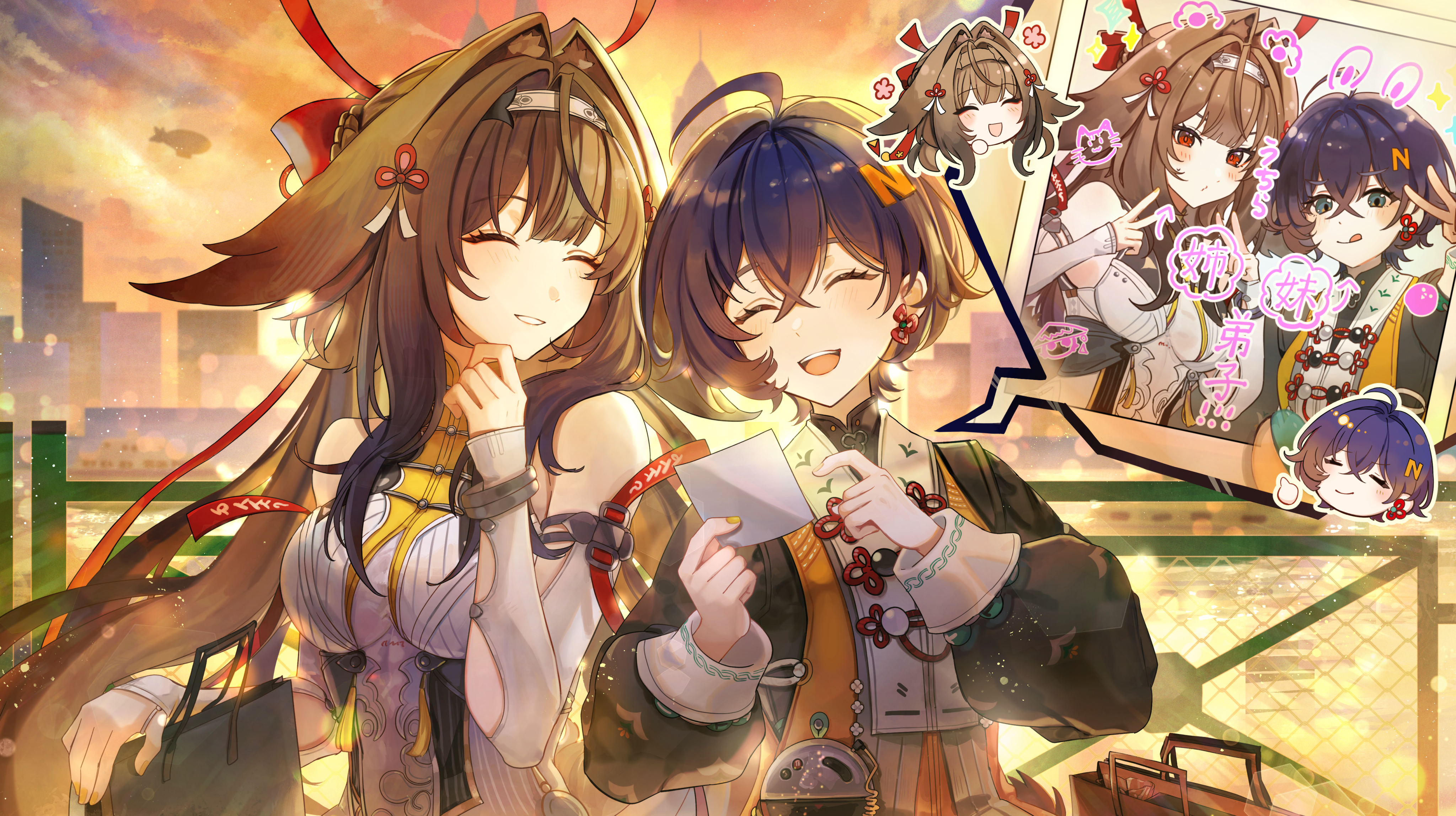 tgf pic, belle (delicate sunlight) (zenless zone zero), belle (zenless zone zero), ye shunguang, zenless zone zero, absurdres, commentary request, highres, 2girls, animal ears, bare shoulders, blue hair, blush, breasts, brown hair, chibi, chinese clothes, closed eyes, clover, clover hair ornament, droopy ears, green eyes, hair between eyes, hair intakes, hair ornament, hairband, long hair, multiple girls, multiple views, open mouth, photo (object), red eyes, short hair, smile, white hairband