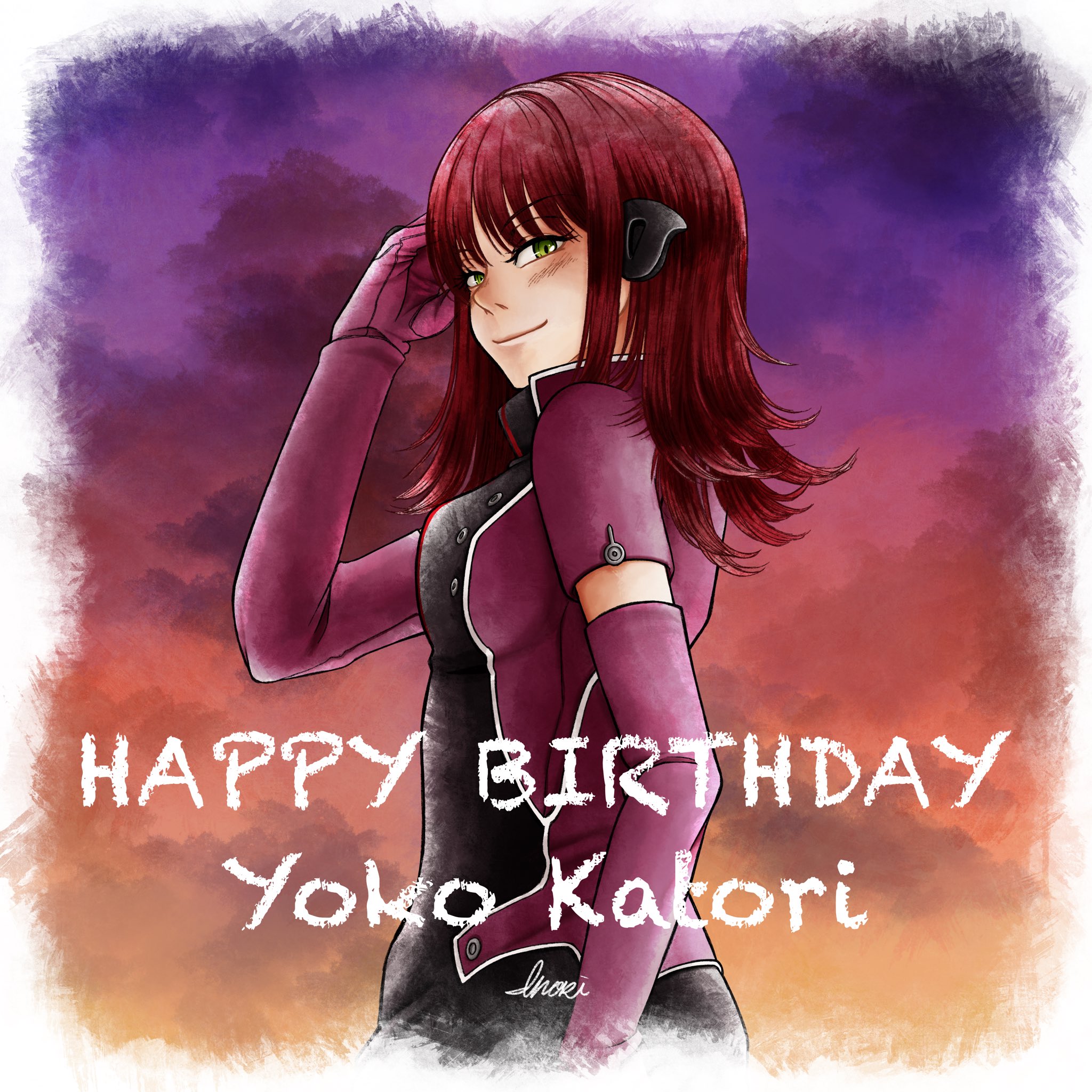 katori youko, world trigger, commentary, highres, 1girl, border, breasts, character name, elbow gloves, english text, fading border, gloves, gradient background, green eyes, happy birthday, headphones, heattech leotard, jacket, katori squad's uniform, leotard, light blush, medium breasts, orange background, purple background, purple gloves, purple jacket, red background, red hair, shikounorutsubo, smile, solo, turtleneck, white border