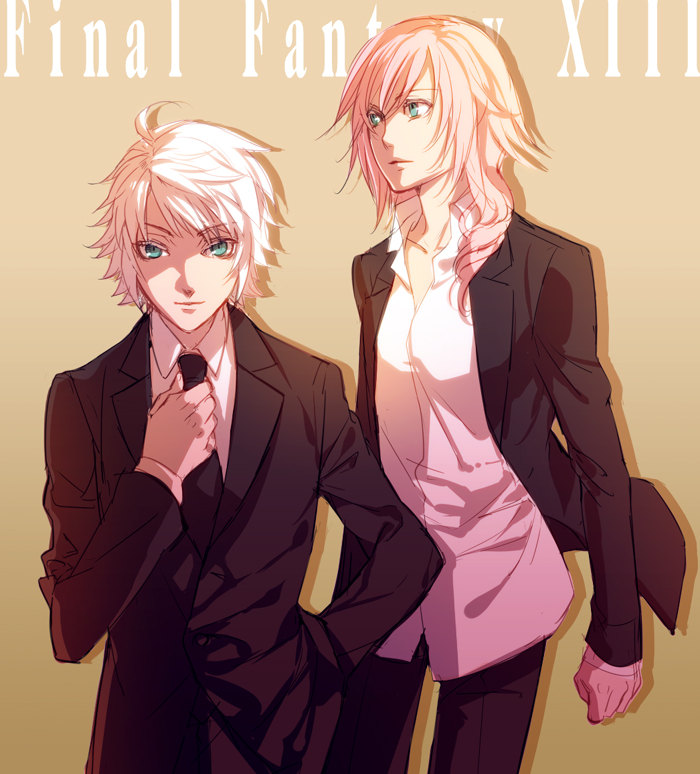 midorigawa, midorigawa akari, hope estheim, lightning farron, final fantasy, final fantasy xiii, bad id, bad pixiv id, 10s, 1boy, 1girl, alternate costume, blue eyes, brown background, copyright name, couple, dress shirt, formal clothes, green eyes, long hair, necktie, pant suit, pants, pink hair, shirt, short hair, suit, white hair