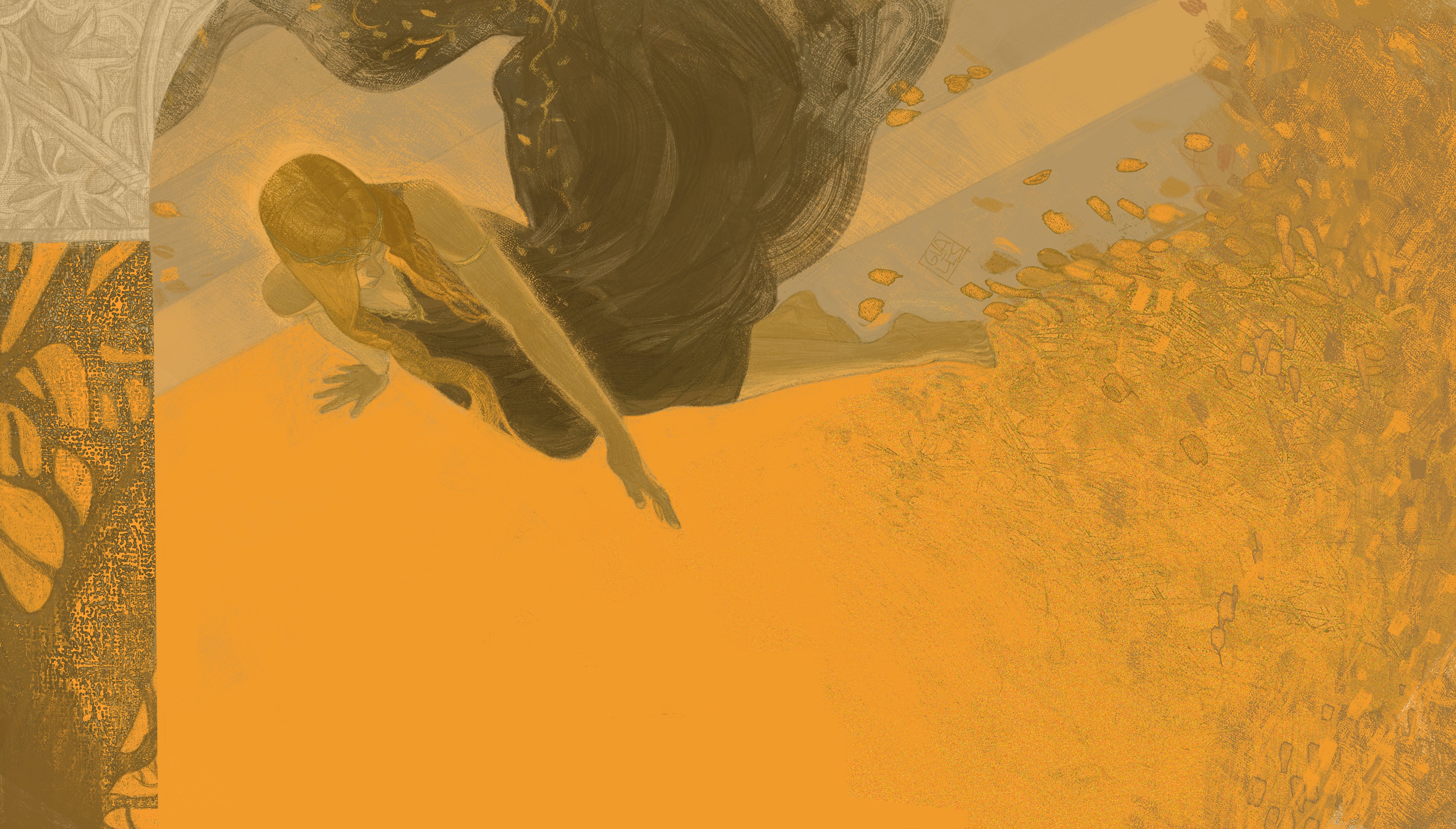 gvales (hvfrue), queen marika the eternal, elden ring, gold armlet, absurdres, commentary, english commentary, highres, 1girl, armlet, barefoot, black dress, blonde hair, circlet, closed eyes, dress, floating clothes, from above, full body, gold circlet, gold trim, jewelry, leaf, long hair, plunging neckline, reaching, signature, sitting, solo, yellow background, yellow theme