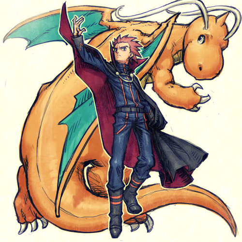 meimaru inuchiyo, dragonite, lance (pokemon), nintendo, pokemon, lowres, 1boy, arm at side, arm up, belt, boots, cape, full body, gen 1 pokemon, holding, holding unworn cape, holding unworn clothes, long sleeves, male focus, pants, pokemon (creature), red hair, simple background, spiked hair, unworn cape