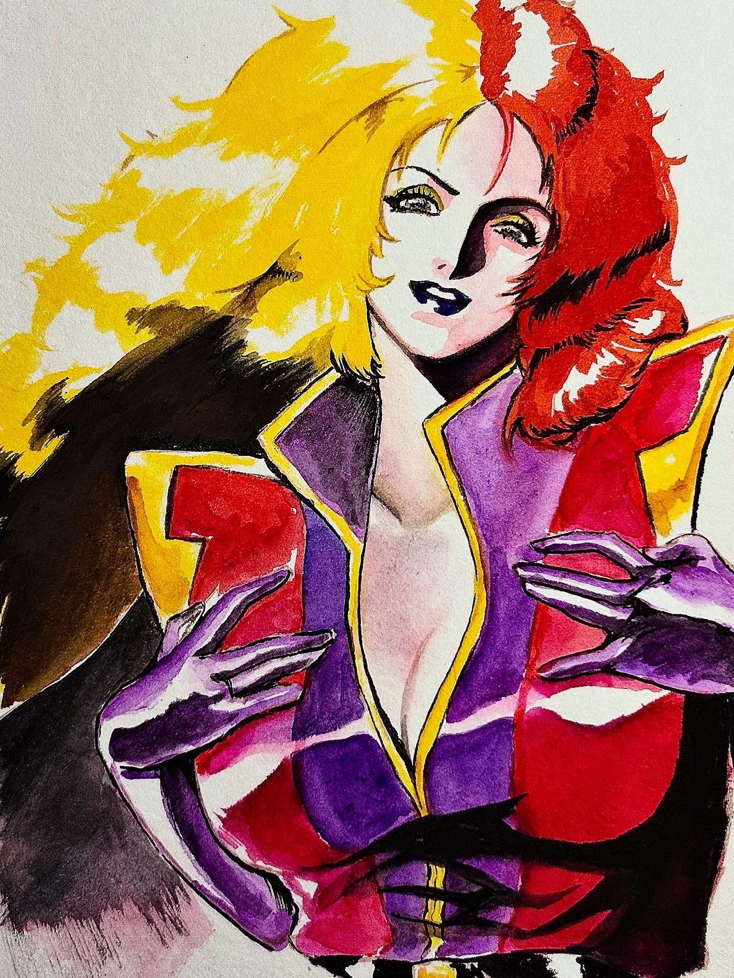 chara soon, gundam, gundam zz, commentary, english commentary, highres, painting (medium), traditional media, watercolor (medium), 1girl, black lips, blonde hair, breasts, cleavage, elbow gloves, eyeshadow, gloves, hands on own chest, large breasts, lesbianbajeena, lipstick, long hair, looking at viewer, makeup, multicolored hair, neo zeon, purple eyes, purple gloves, purple lips, red hair, smile, solo, split-color hair, two-tone hair, upper body, white background, yellow eyeshadow