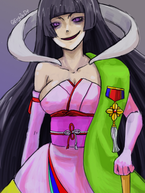 may0315, featherine augustus aurora, umineko no naku koro ni, spoilers, 00s, 1girl, black hair, blunt bangs, elbow gloves, female focus, gloves, hime cut, horns, japanese clothes, kimono, long hair, medal, purple eyes, sash, smile, smirk, solo, truffles