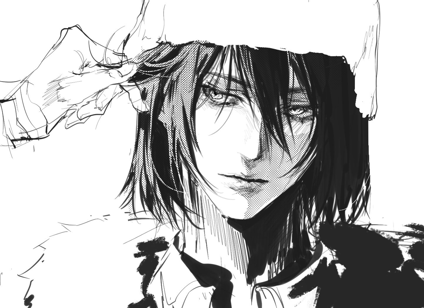 fyodor dostoyevsky (bungou stray dogs), nikolai gogol (bungou stray dogs), bungou stray dogs, commentary, 2boys, closed mouth, eyelashes, fur hat, fur trim, greyscale, hair between eyes, hat, male focus, monochrome, multiple boys, out of frame, short hair, simple background, solo focus, ushanka, white background, xnmf10