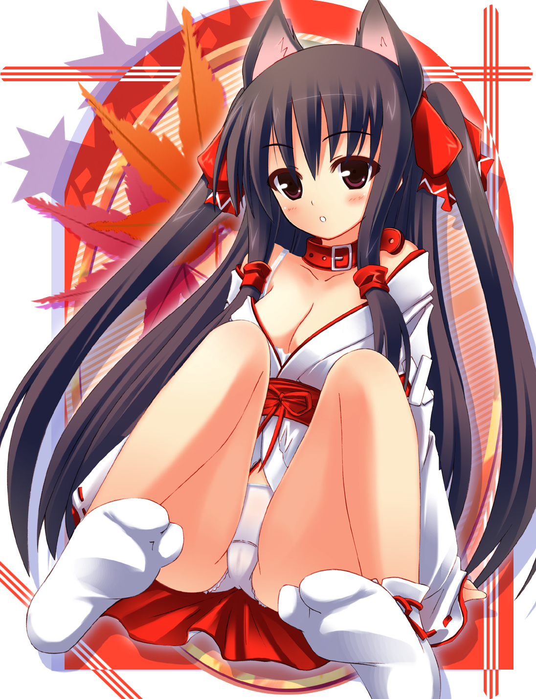 usaginezumi, original, highres, 1girl, animal ears, black hair, bra, breasts, cleavage, collar, female focus, hair ribbon, japanese clothes, lingerie, long hair, medium breasts, miko, panties, pantyshot, red eyes, ribbon, sitting, solo, tabi, twintails, underwear