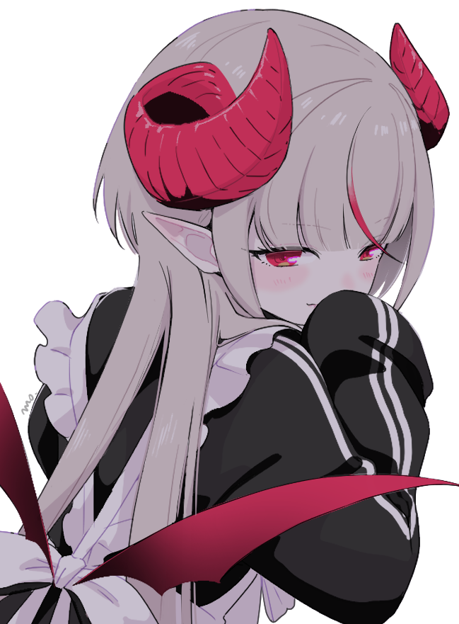 makaino ririmu, nijisanji, hashtag-only commentary, 1girl, alternate costume, apron, black jacket, blunt bangs, blush, curled horns, demon horns, demon wings, frilled apron, frills, from behind, grey hair, hair down, hand to own mouth, horns, jacket, jersey maid, long hair, long sleeves, looking back, low wings, maid, mopyo, multicolored hair, pointy ears, red eyes, red horns, red streaks, red wings, sidelocks, signature, simple background, sleeves past fingers, sleeves past wrists, solo, straight hair, streaked hair, track jacket, two-tone hair, unconventional maid, upper body, virtual youtuber, white background, wings