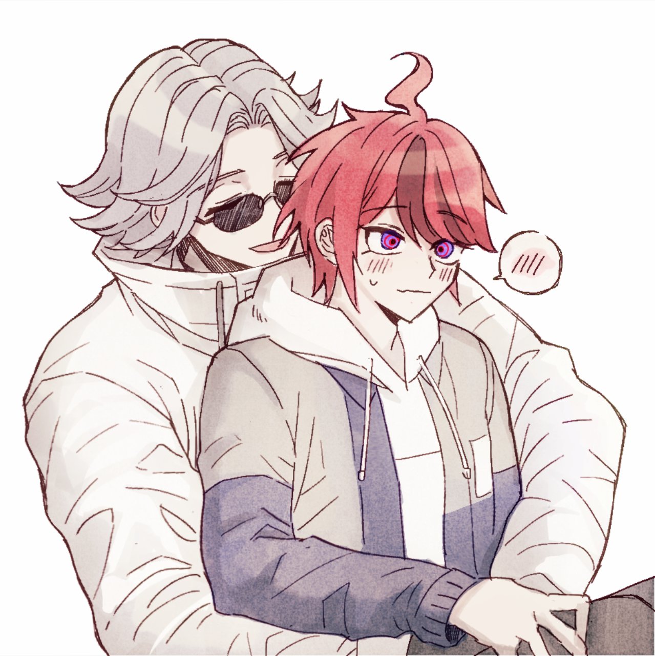 aotsuki eito, sumino takumi, the hundred line -last defense academy-, commentary, highres, symbol-only commentary, variant set, 2boys, :d, ahoge, black gloves, black streaks, blue eyes, blue jacket, blush, closed eyes, drawstring, gloves, grey hair, hood, hoodie, hs 5525, hug, hug from behind, jacket, jacket over hoodie, male focus, multicolored hair, multicolored jacket, multiple boys, open clothes, open jacket, open mouth, red hair, short hair, simple background, smile, spoken blush, streaked hair, sunglasses, sweatdrop, two-tone hair, two-tone jacket, white background, white hoodie, white jacket, yaoi