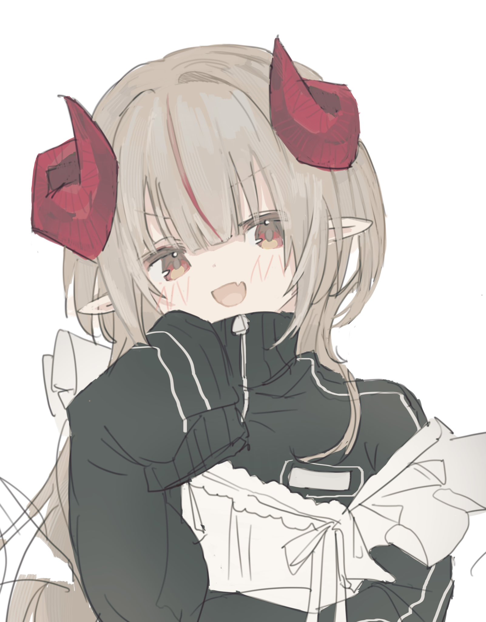 nekonomoto 01, makaino ririmu, nijisanji, commentary request, highres, 1girl, :d, alternate costume, apron, black jacket, blunt bangs, blush, curled horns, demon horns, fang, frilled apron, frills, grey hair, hair down, hand up, high collar, horns, jacket, jersey maid, long hair, long sleeves, maid, multicolored hair, open mouth, pointy ears, red eyes, red horns, red streaks, sidelocks, simple background, skin fang, sleeves past fingers, sleeves past wrists, smile, solo, standing, straight hair, strap slip, streaked hair, track jacket, two-tone hair, unconventional maid, upper body, v-shaped eyebrows, virtual youtuber, white background