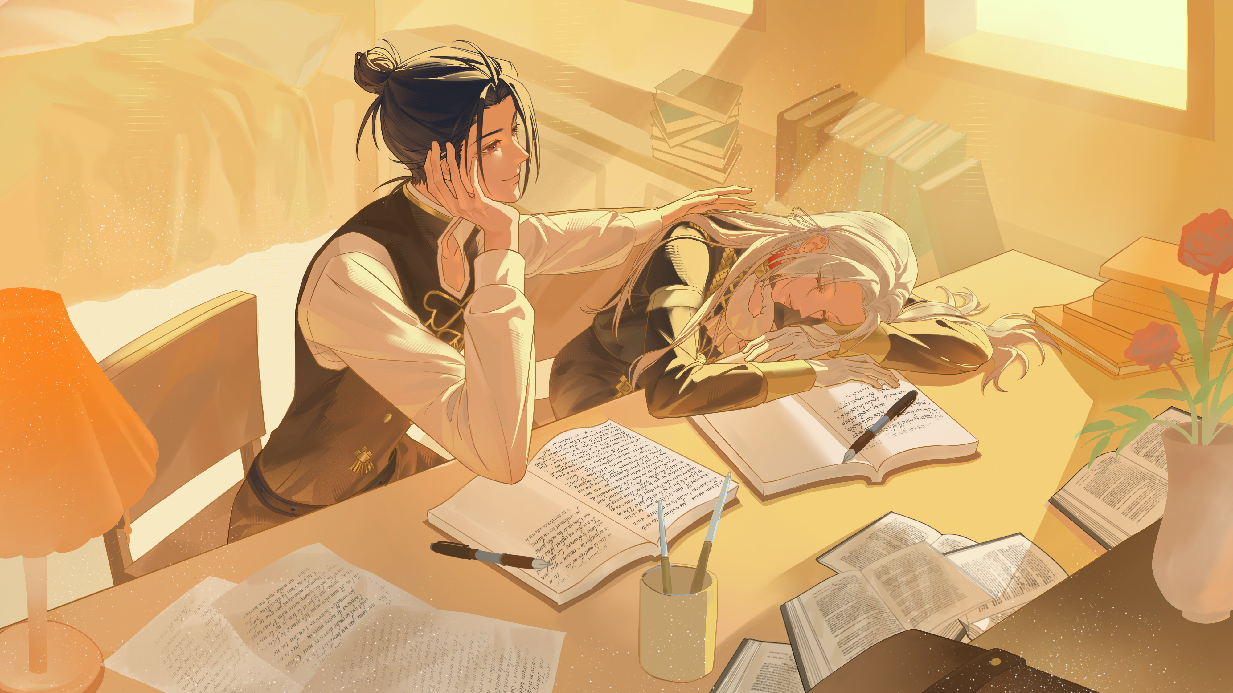 edelgard von hresvelg, felix hugo fraldarius, fire emblem, fire emblem: three houses, nintendo, absurdres, commission, highres, 1boy, 1girl, bed, blue eyes, book, closed eyes, closed mouth, dappled sunlight, eyelashes, flower, garreg mach monastery uniform, gloves, hair bun, lamp, looking at another, lumi 9s, nib pen (object), open book, pen, ponytail, popped collar, red eyes, red flower, red rose, rose, short ponytail, sitting, sleeping, smile, sunlight, white gloves, white hair, window