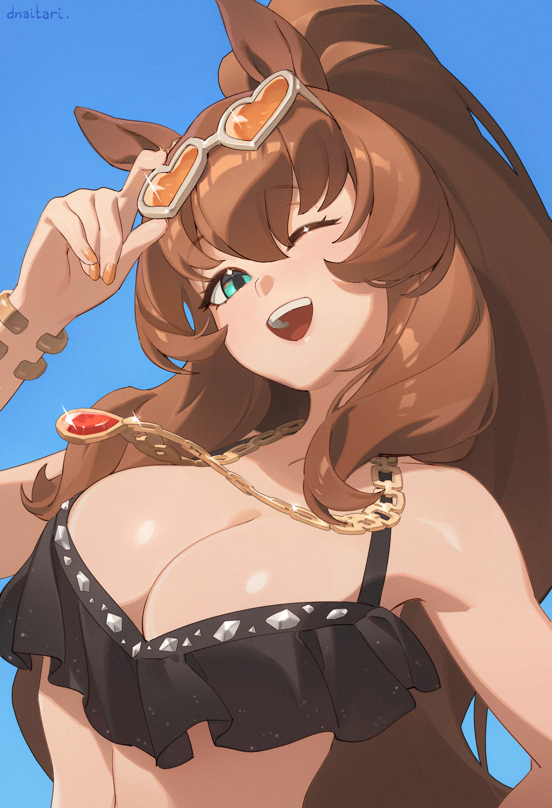 dnaitari, maruzensky (hot summer night) (umamusume), maruzensky (umamusume), umamusume, commentary, highres, 1girl, animal ears, aqua eyes, bare shoulders, bikini, black bikini, blush, bracelet, breasts, brown hair, cleavage, eyewear on head, heart, heart-shaped eyewear, horse ears, horse girl, jewelry, large breasts, long hair, looking at viewer, nail polish, necklace, official alternate costume, one eye closed, orange-tinted eyewear, ruffle bikini, smile, solo, sunglasses, swimsuit, tinted eyewear, white-framed eyewear