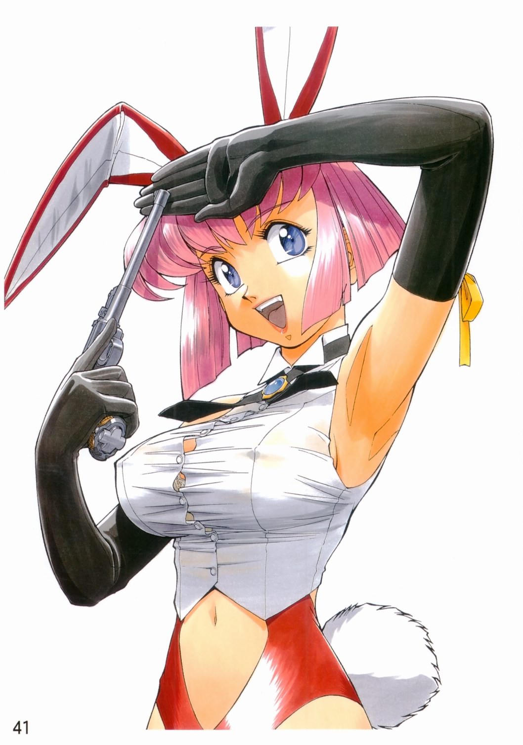 sonoda ken'ichi, misty may, otaku no video, highres, 1990s (style), 1girl, animal ears, armpits, blue eyes, bra, breasts, bursting breasts, cleavage, covered erect nipples, elbow gloves, female focus, gloves, gun, large breasts, leotard, lingerie, midriff, navel, nipples, pink hair, rabbit ears, rabbit girl, rabbit tail, retro artstyle, shirt, short hair, solo, straining buttons, tail, taut clothes, taut shirt, trigger discipline, underwear, weapon
