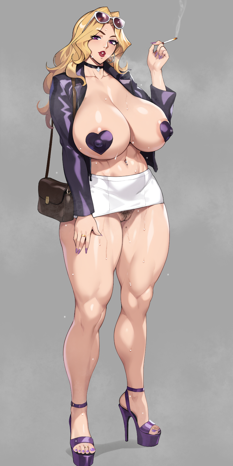 nanabe 78, kujaku mai, yu-gi-oh!, yu-gi-oh! duel monsters, commentary request, highres, 1girl, areola slip, bimbofication, breasts, chijo, corruption, covered erect nipples, earrings, female pervert, flashing, full body, huge breasts, jewelry, large breasts, long hair, looking at viewer, mature female, navel, parted lips, pasties, pervert, pubic hair, simple background, smoking, solo, standing, sweat, thighs, tobacco