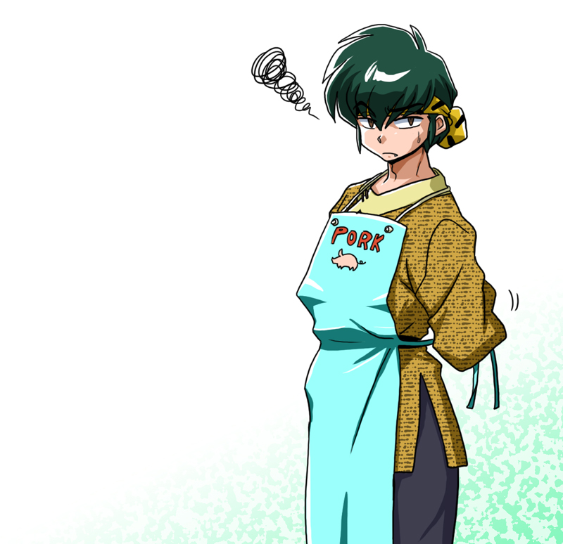 wanta (futoshi), hibiki ryouga, ranma 1/2, commentary request, 1boy, bandana, brown eyes, closed mouth, fang, hair between eyes, looking at viewer, pig, solo, yellow bandana