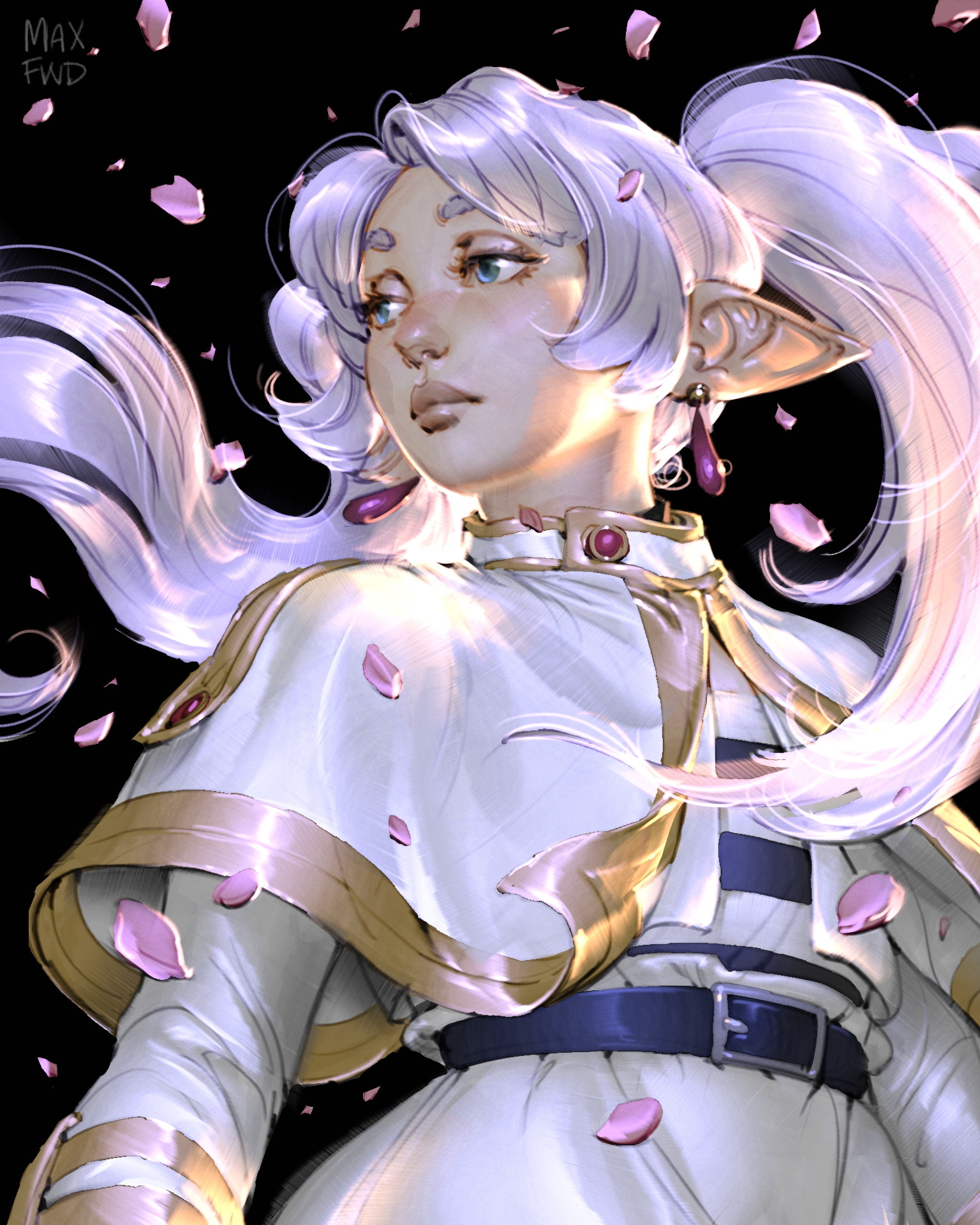 studystudiomax, frieren, sousou no frieren, commentary, english commentary, highres, 1girl, belt, black background, black belt, blue eyes, capelet, earrings, elf, expressionless, falling petals, half-closed eyes, jacket, jewelry, long hair, long pointy ears, long sleeves, meme, parted bangs, petals, pink petals, pointy ears, portrait, skirt, solo, teardrop earrings, twintails, upper body, upward angle frieren drawing (meme), white capelet, white hair, white jacket, white skirt