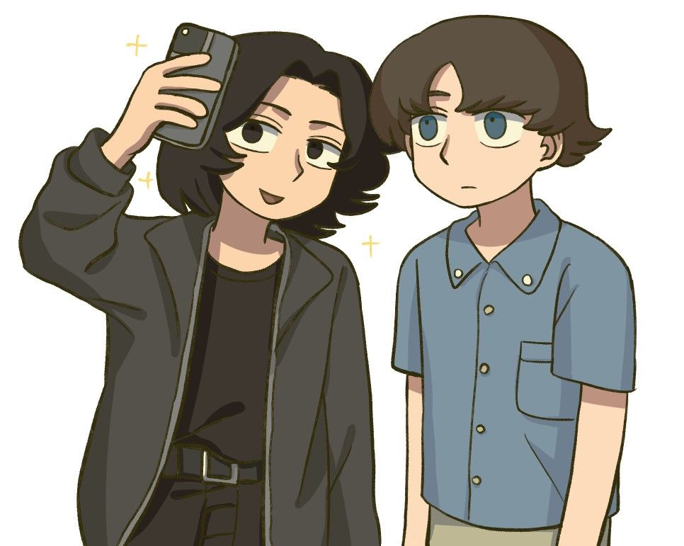 real life, artist request, source request, third-party source, 2boys, :d, adam lanza, arm at side, arm up, arms at sides, bare arms, belt, black belt, black eyes, black hair, black pants, black shirt, blue eyes, blue shirt, brown hair, brown pants, buttons, closed mouth, collared jacket, collared shirt, cowboy shot, curtained hair, expressionless, flipped hair, grey jacket, hair behind ear, holding, holding phone, jacket, light frown, long sleeves, looking at phone, male focus, multiple boys, open clothes, open jacket, open mouth, pants, phone, pocket, puffy long sleeves, puffy sleeves, salvador ramos, selfie, shirt, shirt partially tucked in, short hair, short sleeves, simple background, smile, sparkle, standing, tongue, trait connection, very short hair, white background, wide-eyed