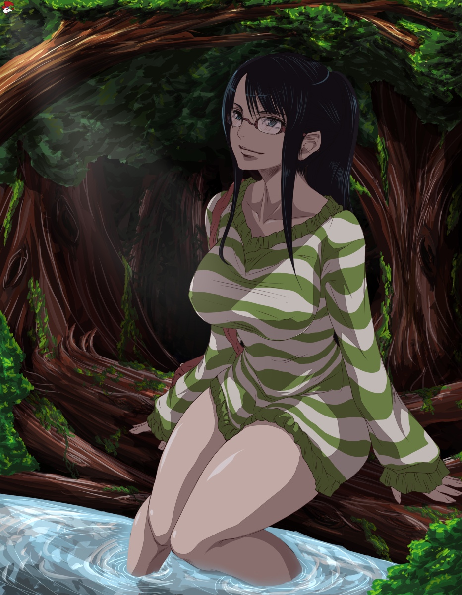 madhatter hello, nico robin, one piece, one piece: strong world, bad id, bad pixiv id, highres, 1girl, black hair, blue eyes, blunt bangs, breasts, collarbone, covered erect nipples, dress, female focus, forest, glasses, huge breasts, large breasts, long sleeves, looking to the side, looking up, nature, outdoors, ponytail, rimless eyewear, ripples, shirt, sitting, soaking feet, solo, striped clothes, striped dress, striped shirt, striped sweater, sweater, sweater dress, thick thighs, thighs, tree, wading, water