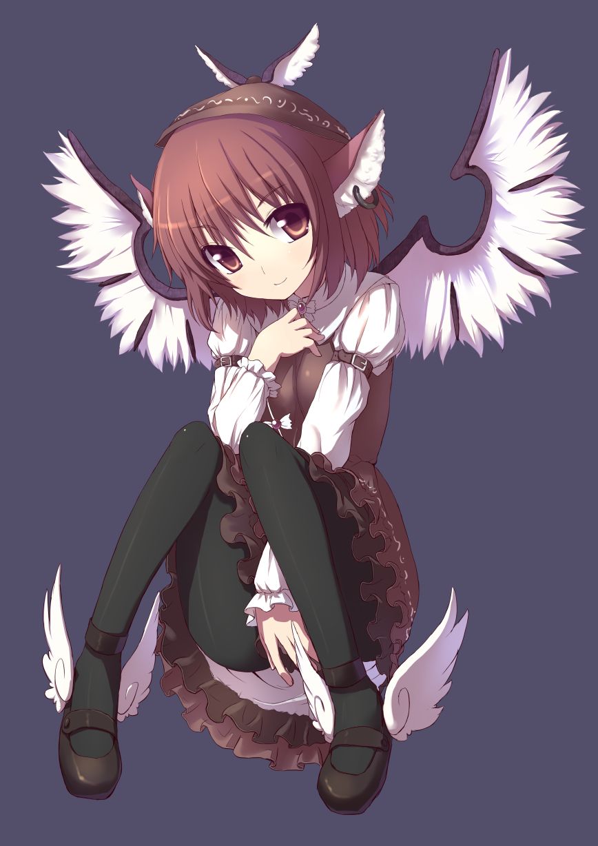 hiraga matsuri, hirasato, mystia lorelei, touhou, winged footwear, highres, jpeg artifacts, 1girl, animal ears, buckle, earrings, female focus, full body, hat, head tilt, jewelry, looking at viewer, mary janes, pantyhose, pink hair, shoes, short hair, simple background, smile, solo, wings