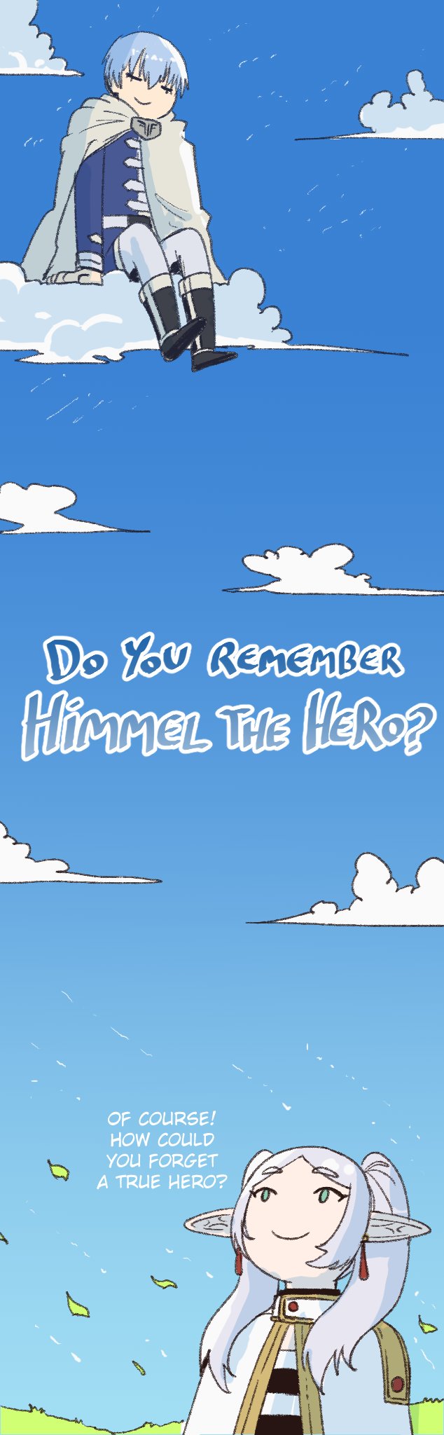 wanderjegson, frieren, himmel (sousou no frieren), sousou no frieren, commentary, english commentary, highres, 1boy, 1girl, black boots, blue hair, blue sky, blue tunic, boots, capelet, cloak, closed eyes, cloud, earrings, elf, english text, full body, green eyes, hair over shoulder, jewelry, long pointy ears, meme, outdoors, pants, pointy ears, shirt, short hair, sitting, sky, smile, striped clothes, striped shirt, tap me (meme), teardrop earrings, tunic, twintails, upper body, white capelet, white cloak, white pants