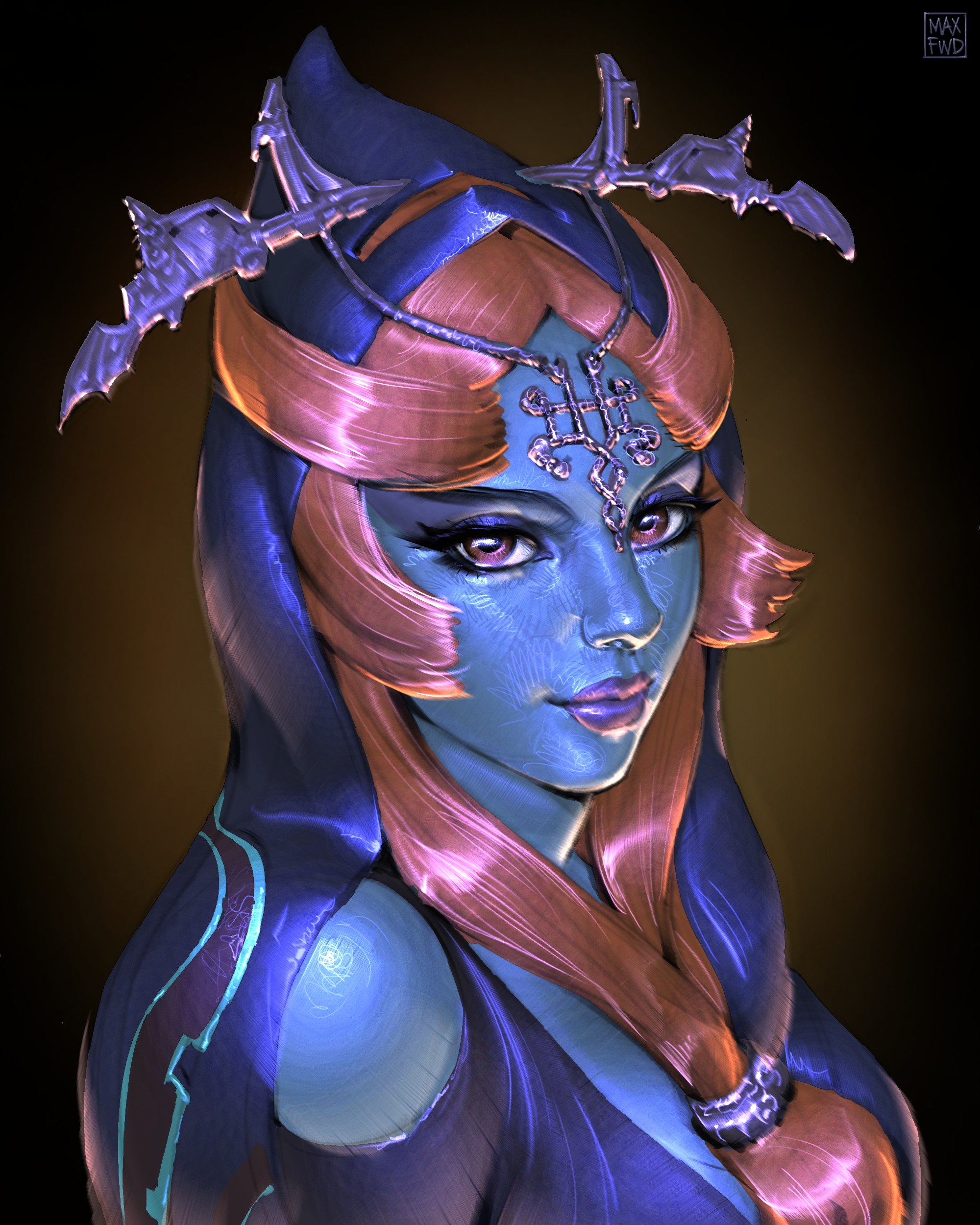 studystudiomax, midna, midna (true), nintendo, the legend of zelda, the legend of zelda: twilight princess, absurdres, highres, 1girl, black veil, blue skin, brown eyes, clothing cutout, colored skin, eyelashes, eyeshadow, front ponytail, headpiece, inktober, lipstick, looking at viewer, makeup, multicolored skin, orange hair, portrait, purple lips, ring hair ornament, shoulder cutout, smile, solo, veil