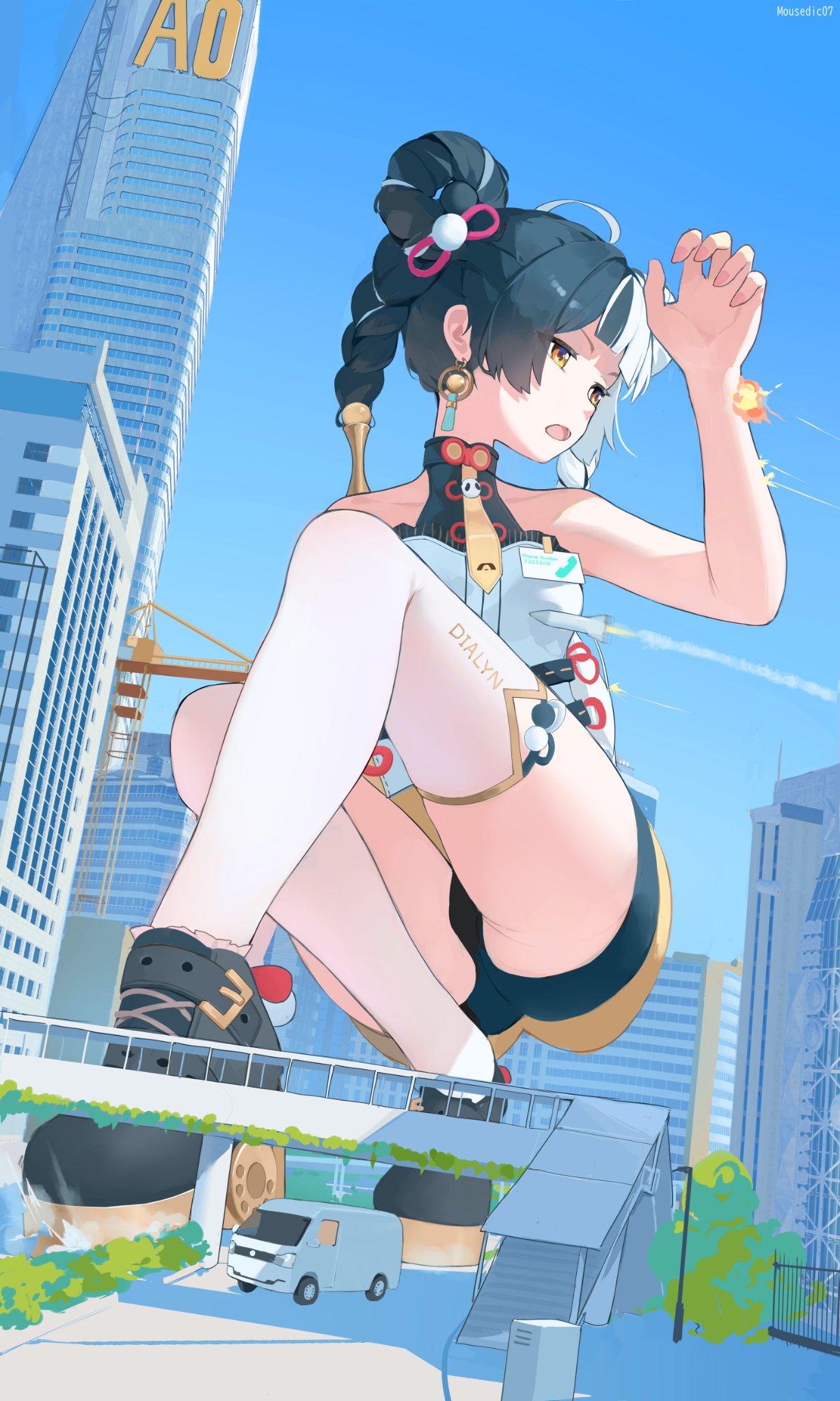mousedic07, dialyn (zenless zone zero), zenless zone zero, commentary request, highres, 1girl, bare shoulders, black hair, black shoes, black shorts, blue sky, braid, braided twintails, bridge, building, car, chinese clothes, clear sky, collarbone, crane (machine), dress, earrings, full body, giant, giantess, hair extensions, jewelry, lamppost, long hair, looking to the side, motor vehicle, multicolored hair, necktie, outdoors, pedestrian bridge, ring hair extensions, shoes, shorts, sky, skyscraper, solo, sparkling eyes, split-color hair, squatting, thighhighs, white dress, white hair, white thighhighs, yellow eyes, yellow necktie