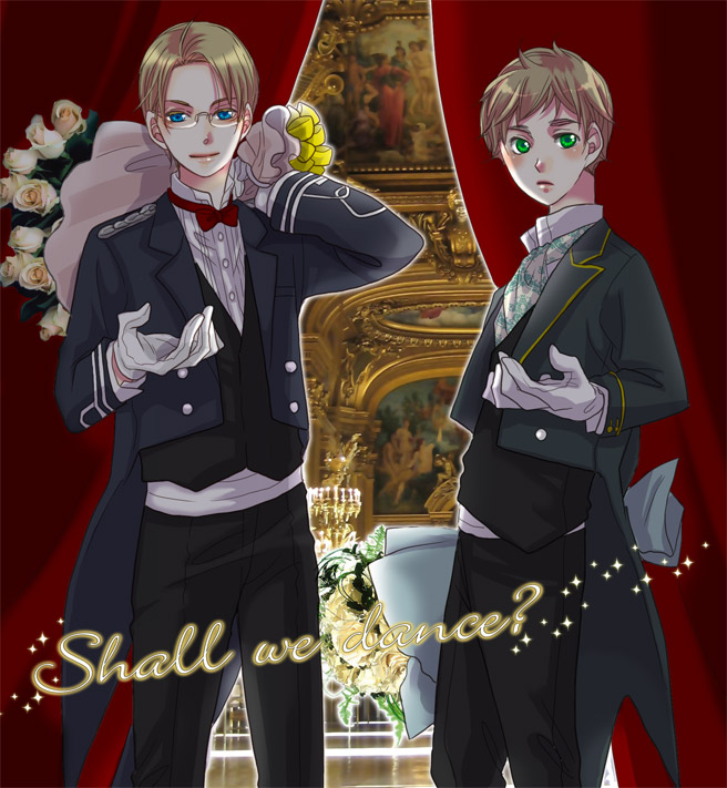 gunjou kabura, america (hetalia), united kingdom (hetalia), axis powers hetalia, bad id, bad pixiv id, 00s, 2boys, ascot, blonde hair, blue eyes, bouquet, bow, bowtie, flower, formal clothes, glasses, gloves, green eyes, multiple boys, rose, suit, traditional bowtie, vest