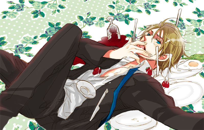 america (hetalia), axis powers hetalia, 00s, 1boy, alcohol, blonde hair, blue eyes, food, formal clothes, fruit, glasses, male focus, necktie, open clothes, open shirt, shirt, solo, strawberry, suit, wine