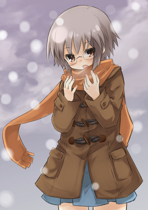 mukunoki nanatsu, nanatsu, nagato yuki, suzumiya haruhi no shoushitsu, suzumiya haruhi no yuuutsu, bad id, bad pixiv id, 00s, 10s, 1girl, breath, brown eyes, coat, female focus, glasses, grey hair, scarf, school uniform, serafuku, short hair, snow, solo