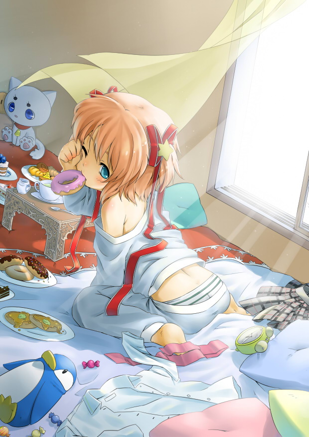 waha (artist), kamikita komari, little busters!, 1girl, alarm clock, barefoot, bed, bird, blonde hair, blue eyes, cake, child, clock, curtains, donut, dutch angle, feet, female focus, food, indoors, light rays, one eye closed, pajamas, panties, pantyshot, pastry, penguin, plaid clothes, plaid skirt, school uniform, short hair, sitting, skirt, soles, solo, striped clothes, striped panties, sunbeam, sunlight, tea set, underwear, upskirt, wariza, window, wink
