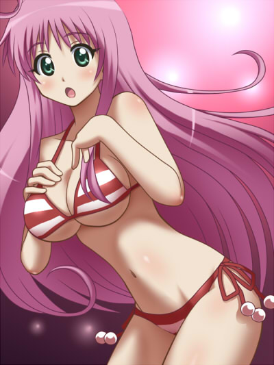awa, lala satalin deviluke, to love-ru, 00s, 1girl, bikini, breast suppress, breasts, cleavage, female focus, green eyes, large breasts, leaning forward, long hair, o o, open mouth, pink hair, side-tie bikini bottom, solo, striped bikini, striped clothes, surprised, swimsuit, underboob, very long hair