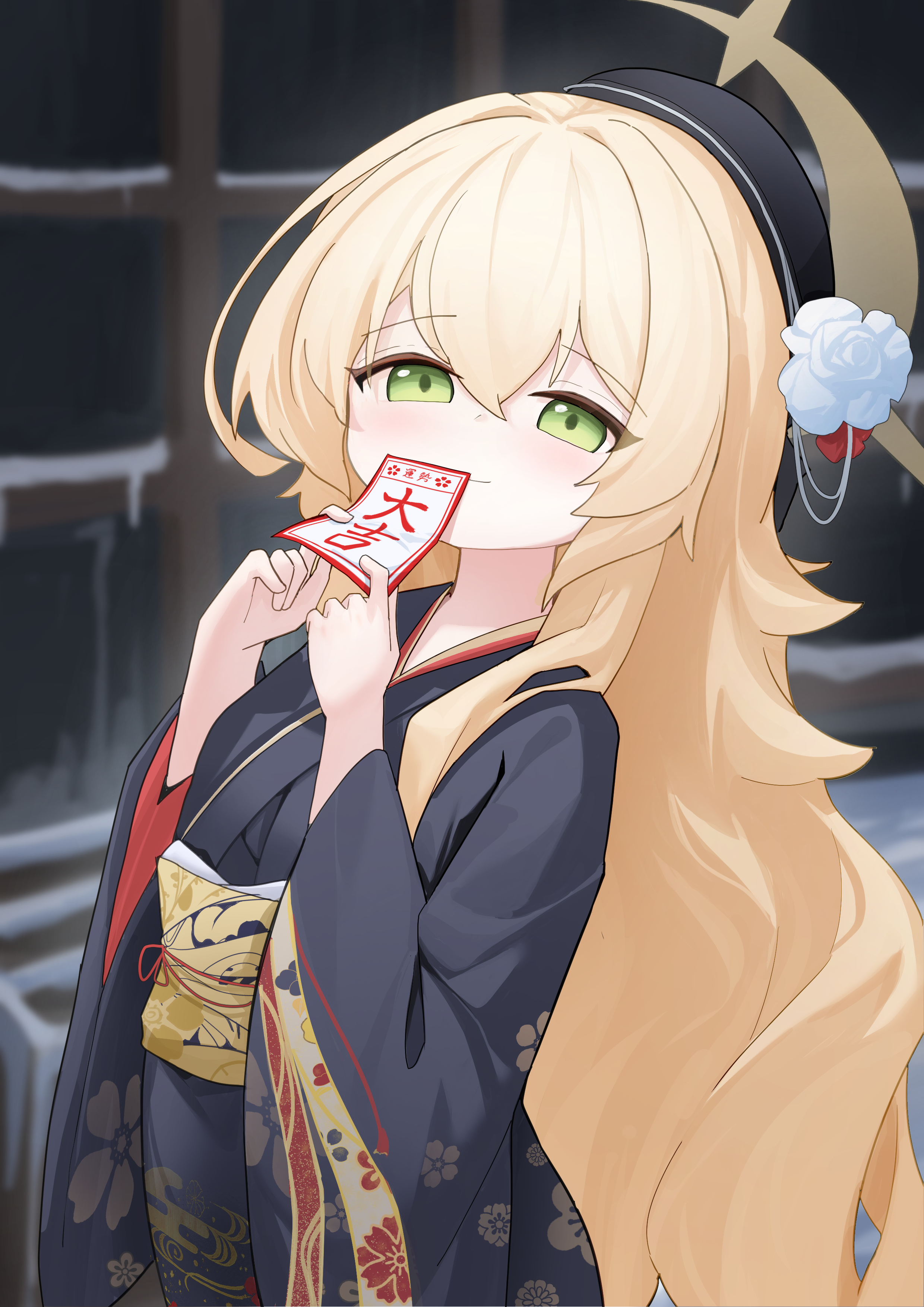 yukihara (jeffery201010), professor niyaniya (blue archive), blue archive, fluffy hair, absurdres, commentary request, highres, 1girl, alternate costume, beret, black hat, black kimono, blonde hair, blurry, blurry background, floral print, floral print kimono, flower, green eyes, hair flower, hair ornament, halo, hat, holding, holding omikuji, japanese clothes, kimono, long hair, obi, obijime, omikuji, print kimono, sash, side ahoge, smug, upper body, very long hair, white flower, yellow halo