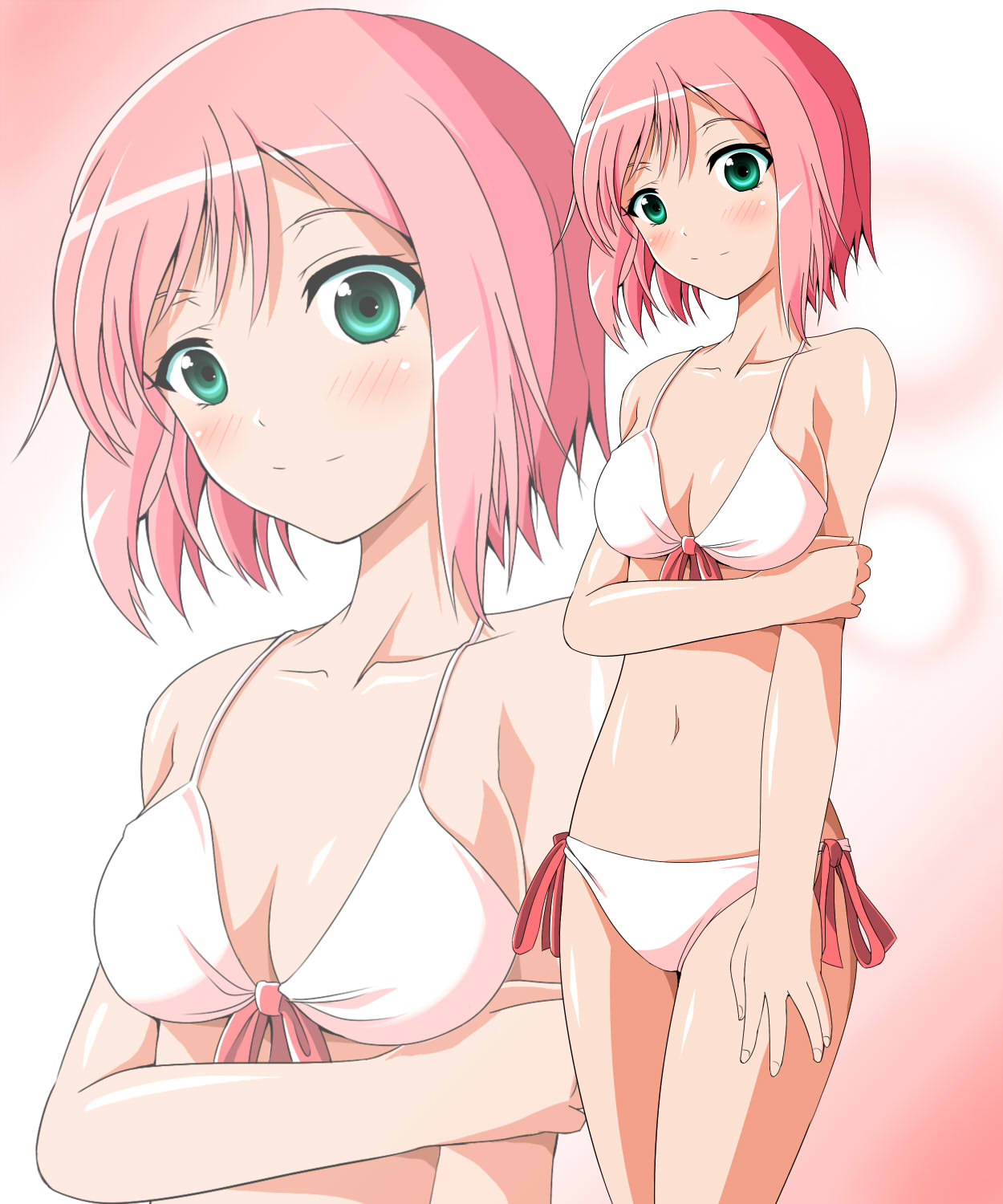 kayama kenji, reki 48, estellise sidos heurassein, tales of (series), tales of vesperia, bad id, bad pixiv id, highres, 00s, 1girl, bikini, female focus, green eyes, pink background, pink hair, short hair, solo, swimsuit, white bikini, zoom layer