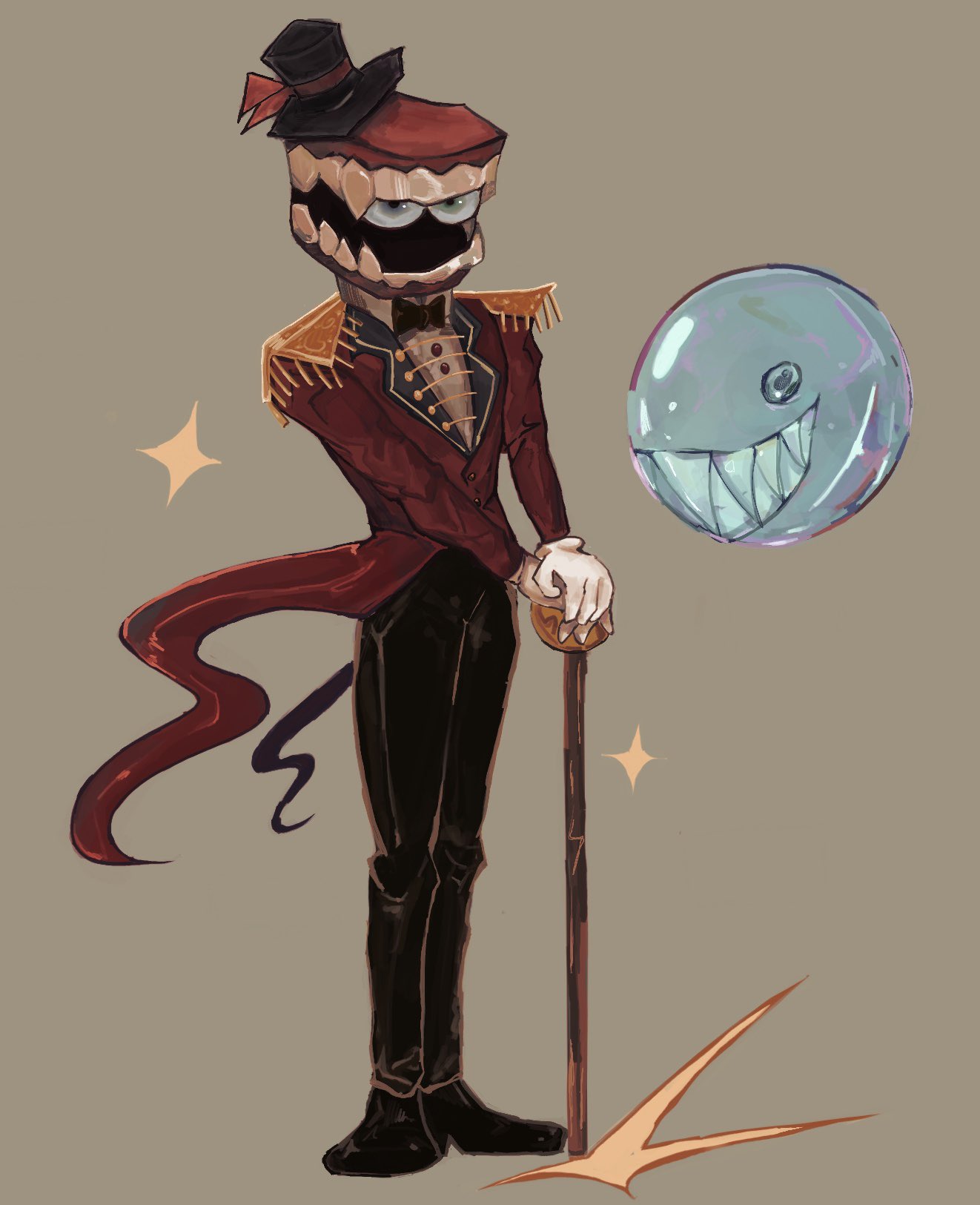 bubble (the amazing digital circus), caine (the amazing digital circus), commentary, english commentary, highres, 2boys, black bow, black bowtie, black pants, black shoes, blue eyes, bow, bowtie, bubble, cane, coat, cupidpods, epaulettes, fang, full body, gloves, grey background, grey eyes, hat, high collar, holding, holding cane, lapels, long sleeves, looking at viewer, multiple boys, own hands together, pants, red coat, shoes, shoulder pads, simple background, sparkle, teeth, top hat, white gloves