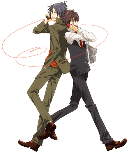 moja (artist), hibari kyouya, rokudou mukuro, katekyo hitman reborn!, 00s, 2boys, bag, black hair, blue hair, cellphone, jacket, male focus, multiple boys, necktie, phone, school uniform, short hair, simple background, smile, string, string of fate, sweater