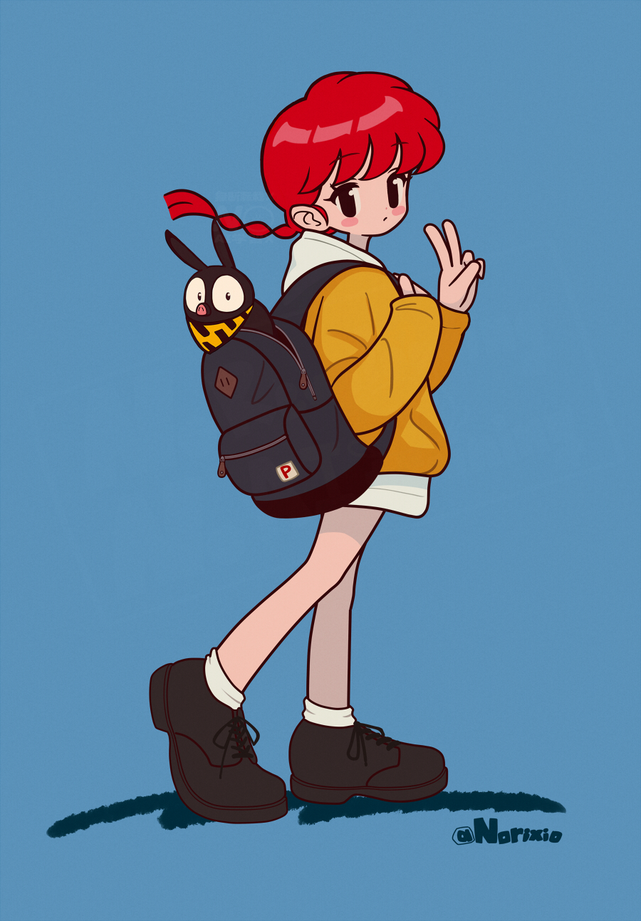 norixio, p-chan, ranma-chan, ranma 1/2, commentary, highres, 1girl, artist name, backpack, bag, bandana, black bag, blue background, blush stickers, braid, braided ponytail, brown shoes, closed mouth, from side, full body, hood, hoodie, looking at viewer, pig, shadow, shoes, simple background, socks, v, white socks, yellow bandana, yellow hoodie