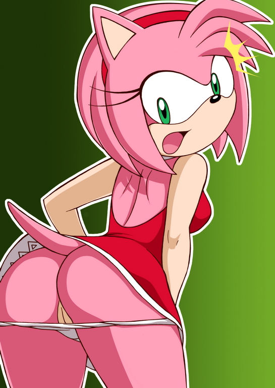 tenzen, amy rose, sonic (series), 1girl, animal ears, ass, breasts, cleft of venus, dress, female focus, furry, furry female, gradient background, green eyes, hairband, open mouth, panties, panty pull, pink hair, pussy, solo, tail, tongue, uncensored, underwear, white panties