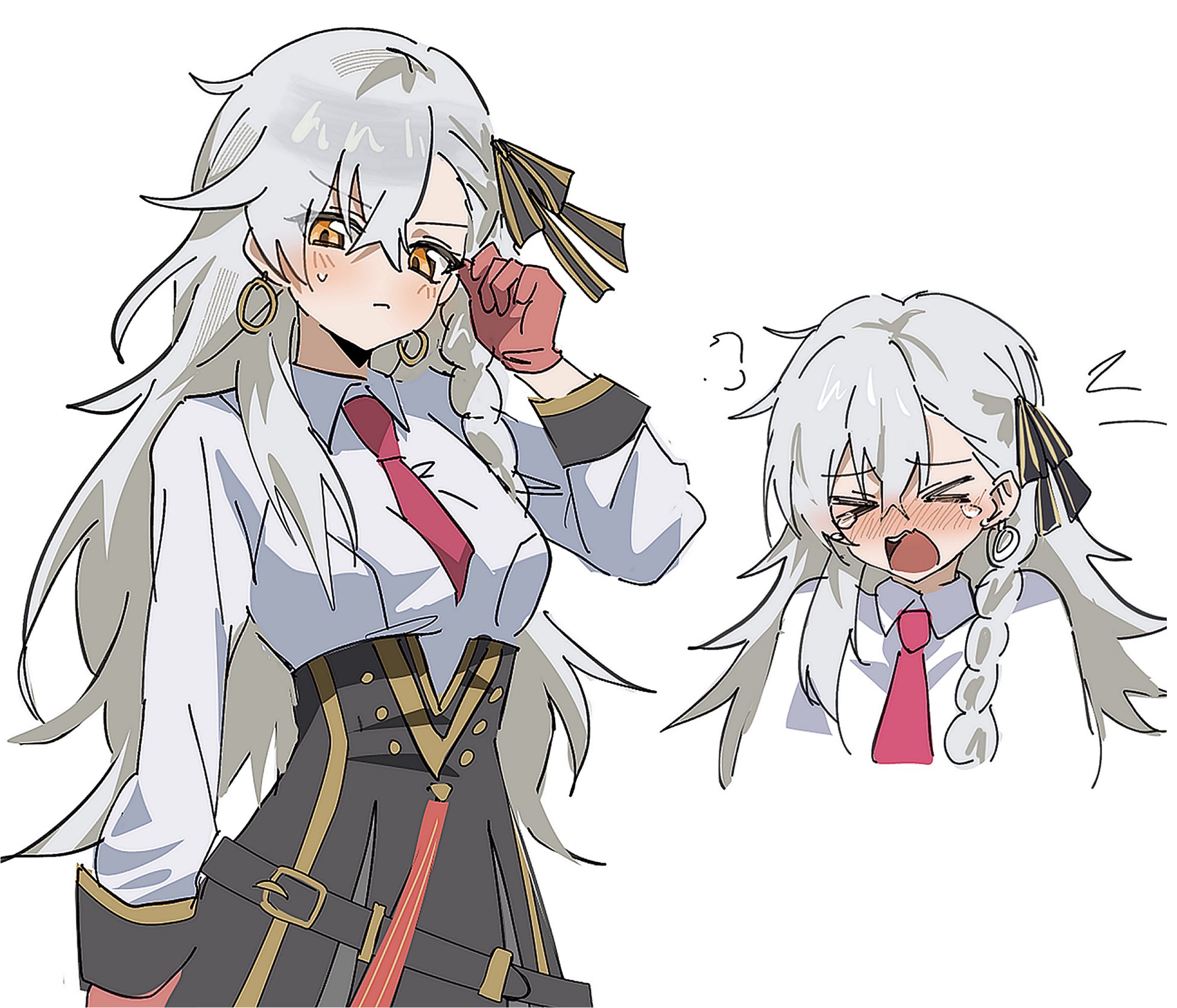 syst098, olga marie animusphere, olga marie animusphere (unbeast), fate/grand order, fate (series), highres, > <, 1girl, black ribbon, blush, braid, chibi, crossed bangs, gloves, grey hair, hair between eyes, hair ribbon, long hair, necktie, red gloves, red necktie, ribbon, simple background, white background