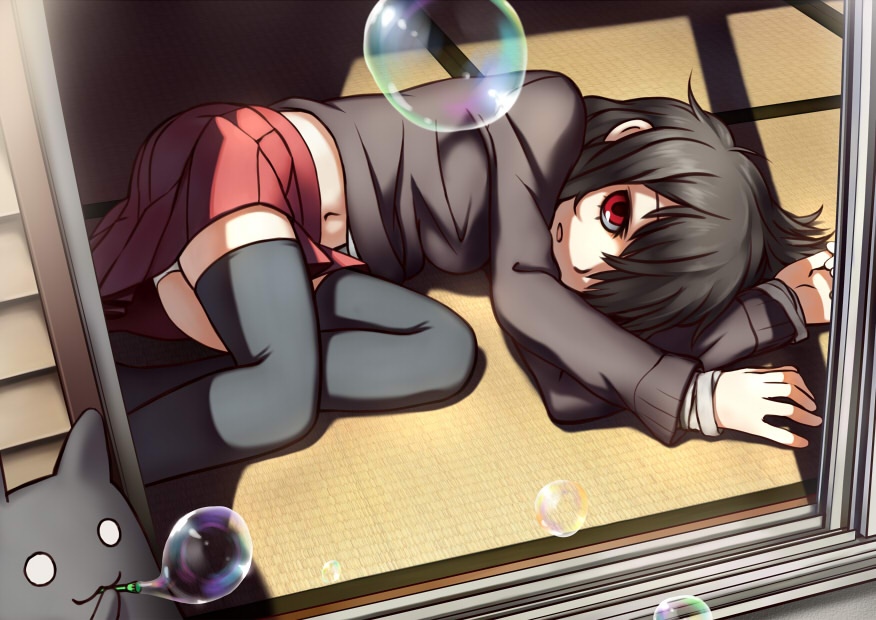 aratagawa nikei, kirishima sagiri, tama (ukagaka), ukagaka, 1girl, :3, black hair, blowing bubbles, bubble, creature, fusuma, hair over one eye, lying, navel, on side, red eyes, skirt, sliding doors, tatami, thighhighs