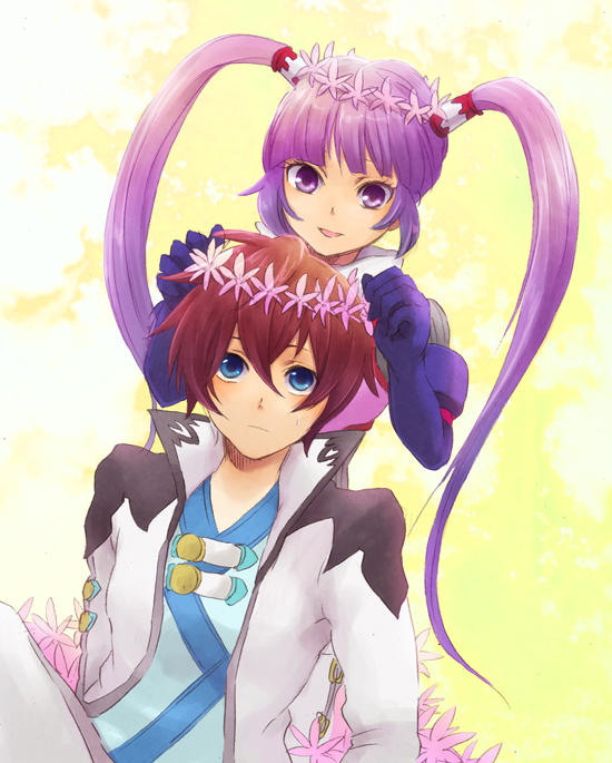 potechi norisio, asbel lhant, sophie (tales), tales of (series), tales of graces, bad id, bad pixiv id, 1boy, 1girl, blue eyes, brown hair, flower, gloves, gradient background, nature, plant, purple eyes, purple hair, smile, twintails