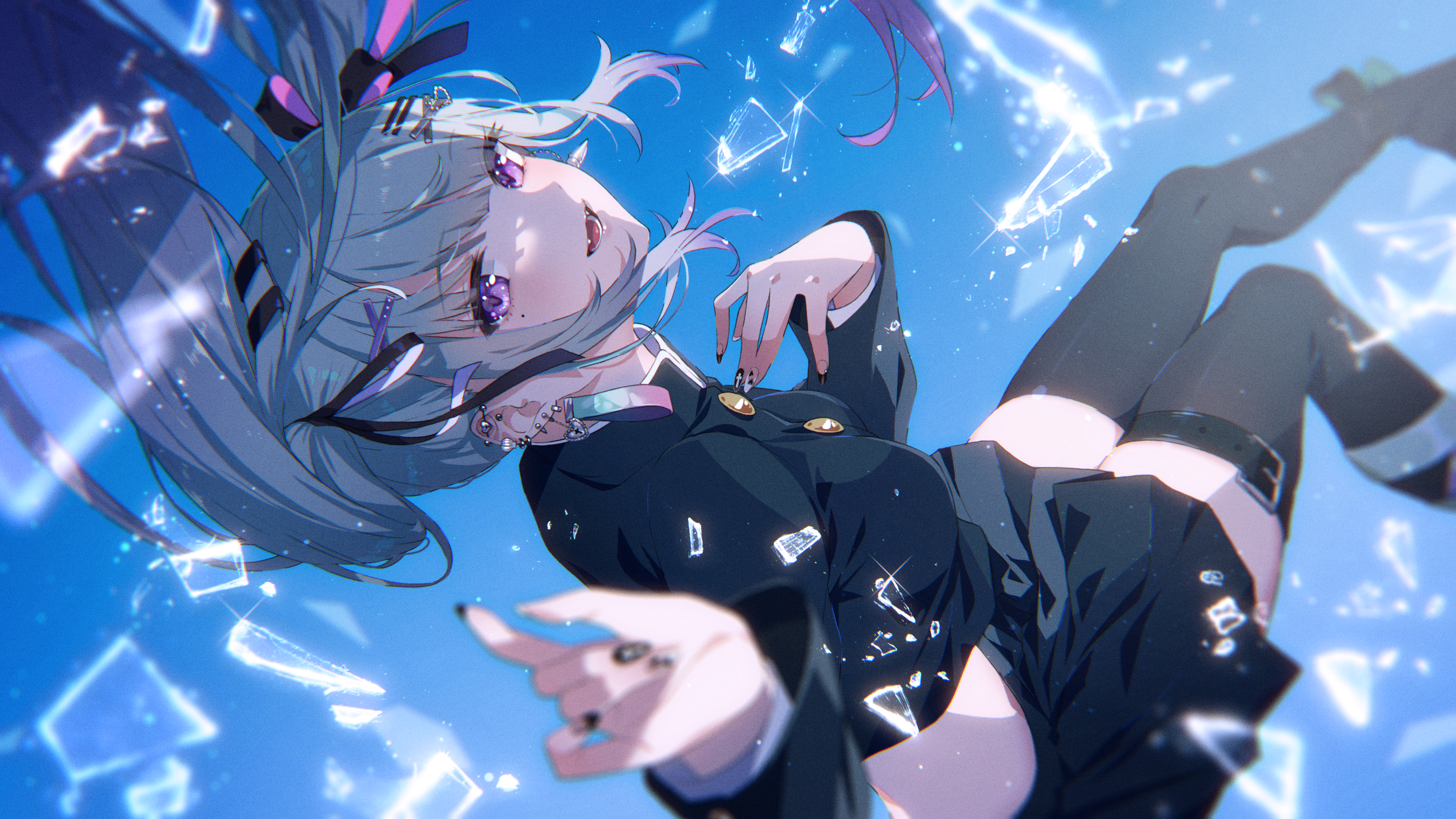 gomi chihiro, indie virtual youtuber, absurdres, commentary request, highres, variant set, 1girl, :d, belt, black nails, black ribbon, black shirt, black skirt, black thighhighs, blue background, blunt bangs, blurry, blush, breasts, broken glass, buttons, cropped shirt, depth of field, dutch angle, ear piercing, earrings, eyelashes, fangs, feet out of frame, film grain, floating hair, glass, glint, grey hair, hair ornament, hair ribbon, hairclip, hands up, head tilt, heart, heart earrings, invisible chair, jewelry, long hair, long sleeves, looking at viewer, medium breasts, midriff, miniskirt, mole, mole under eye, nail polish, open mouth, parallel hairclips, piercing, pink ribbon, pleated skirt, purple eyes, ribbon, shirt, sidelocks, simple background, sitting, skirt, smile, solo, tadayoi lina, teeth, thigh belt, thigh strap, thighhighs, thighs, twintails, virtual youtuber, x hair ornament, zettai ryouiki